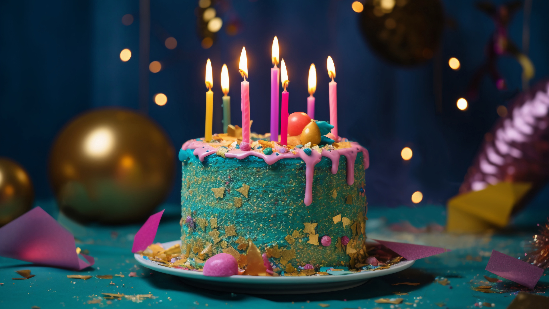 Голубой праздничный торт с зажженными свечками