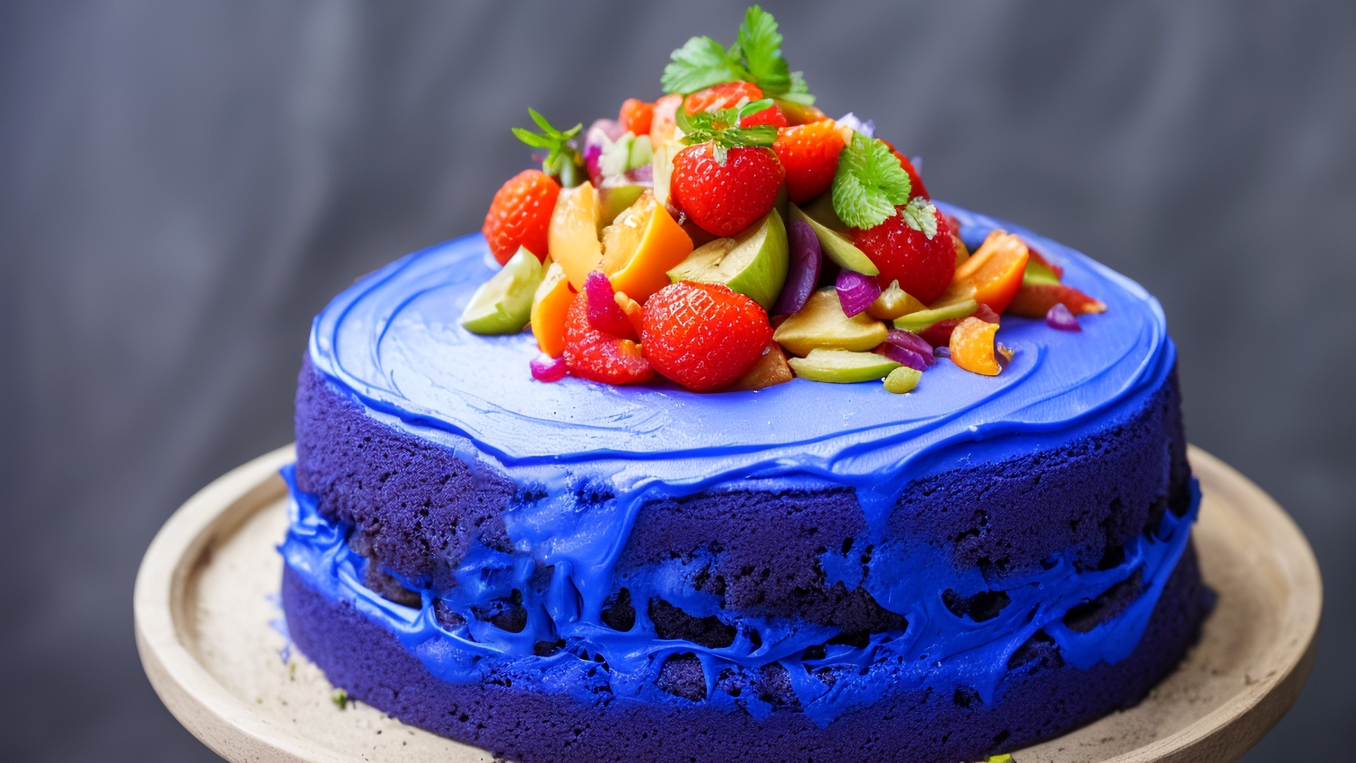 Голубой торт с ягодами на сером фоне