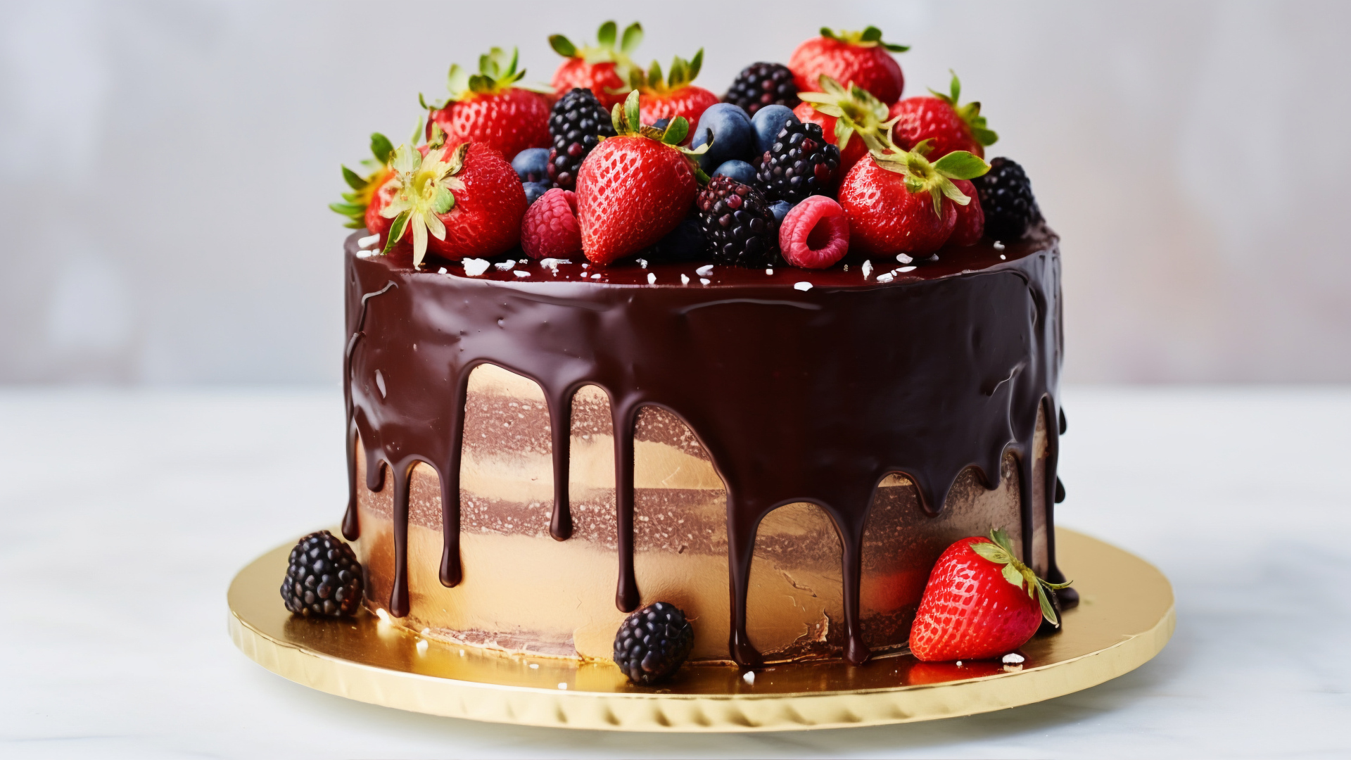 Торт в шоколадной глазури со свежими ягодами