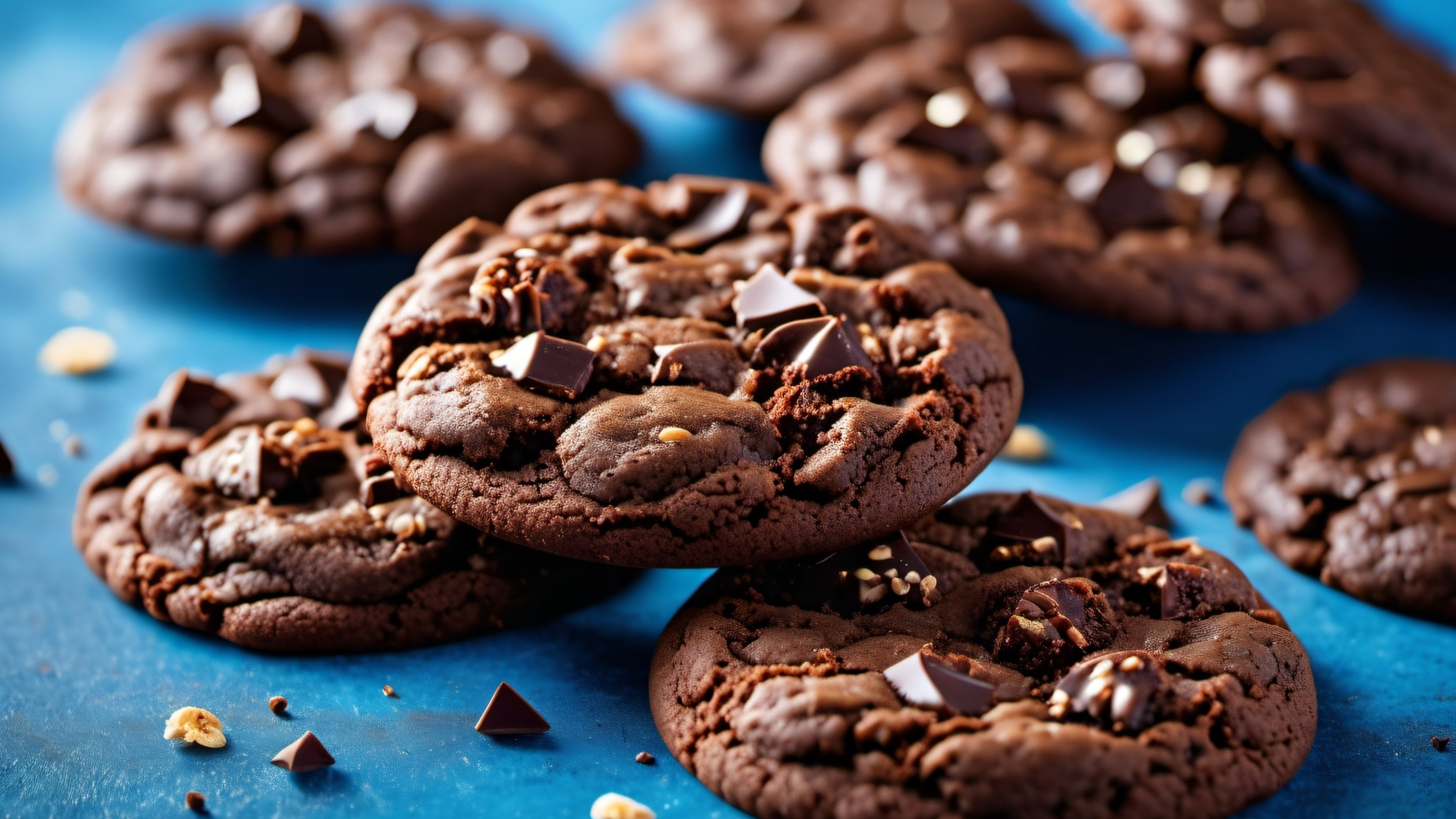 Круглое печенье с шоколадной крошкой на синем столе