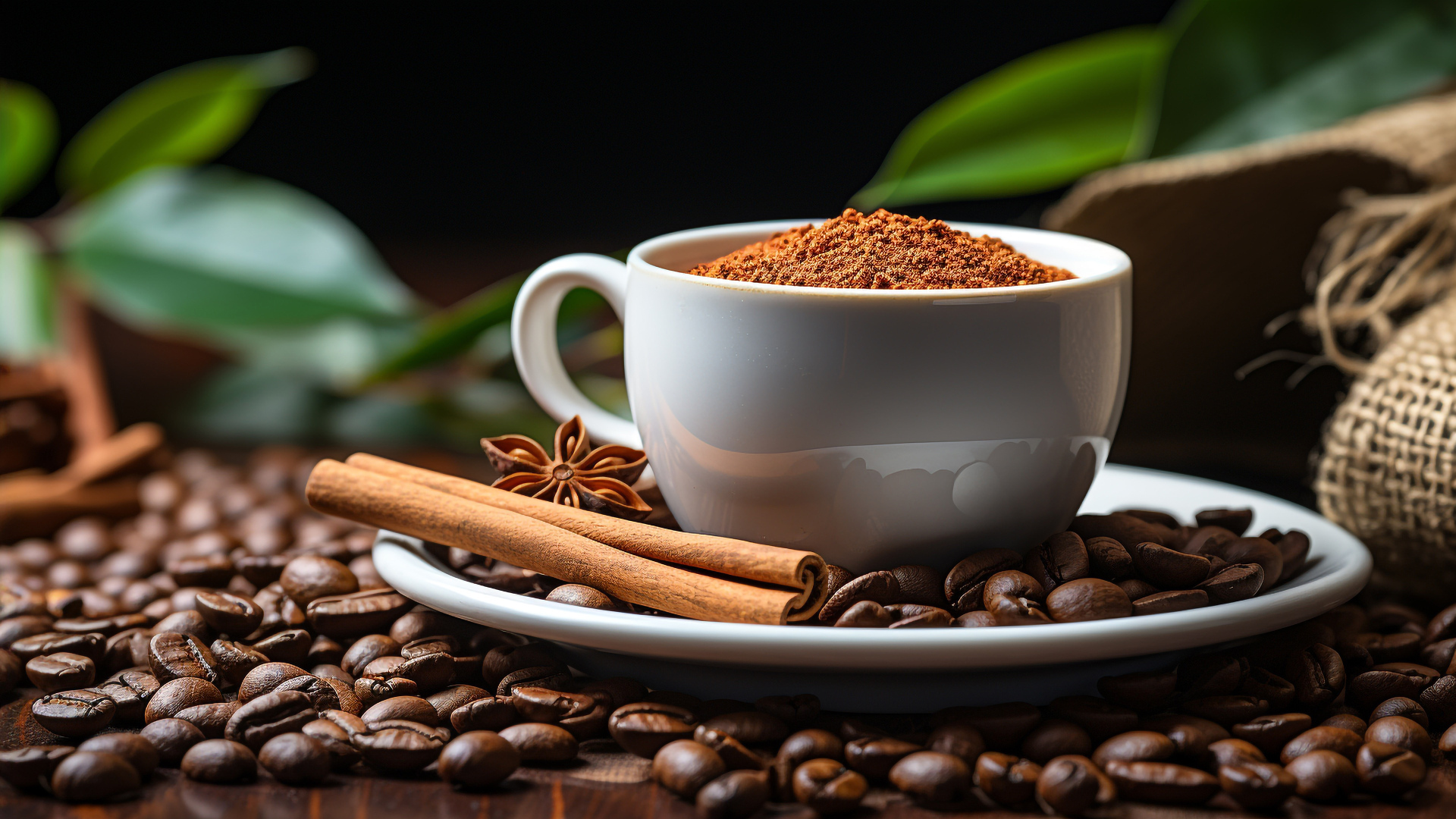 Чашка с молотым кофе и зернами на столе с корицей