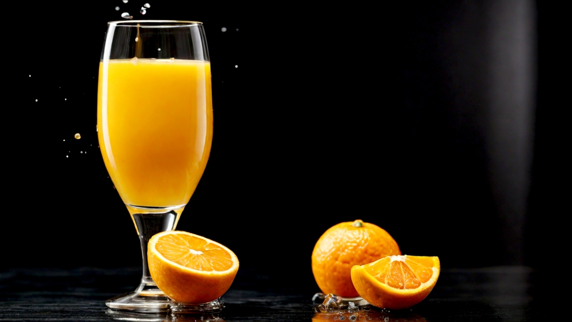 Стакан апельсинового сока с фруктами на столе