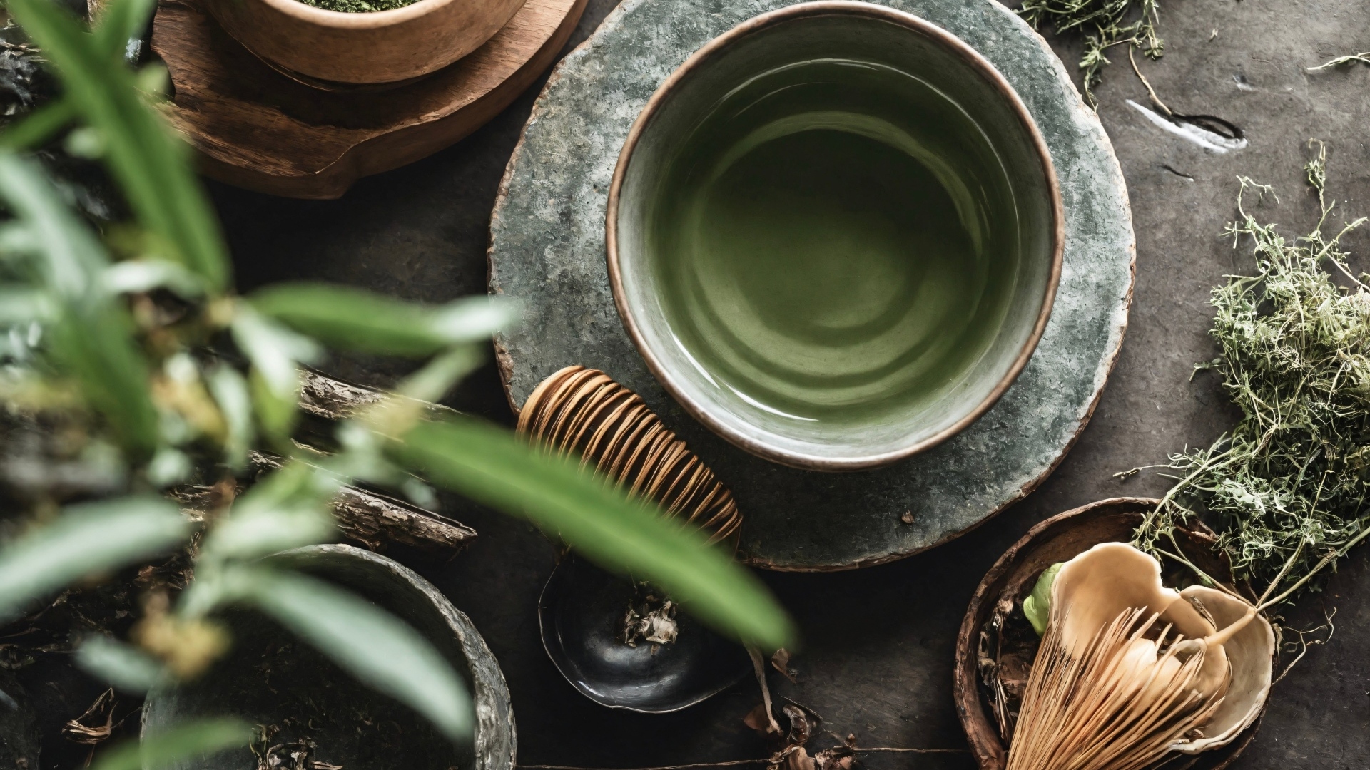 Зеленый чай с посудой на столе