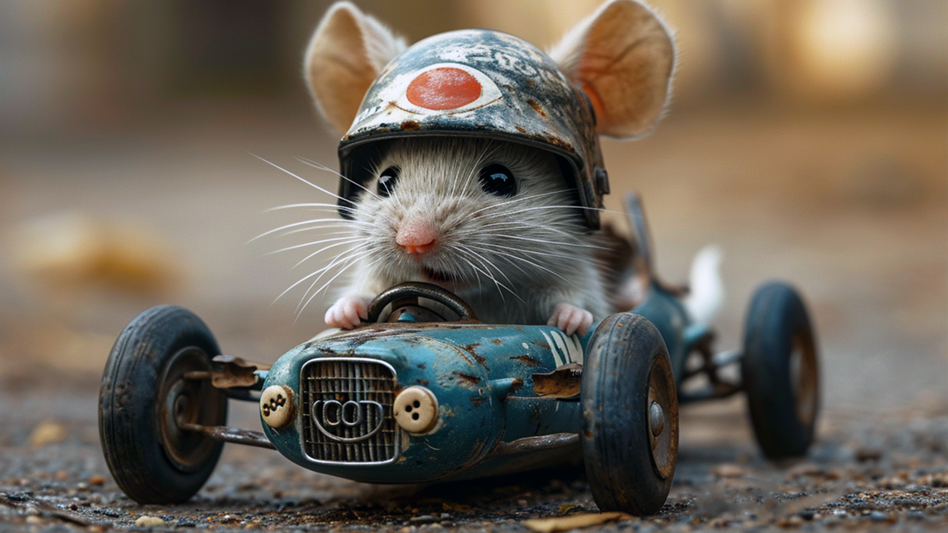 Маленький серый мышонок на игрушечном автомобиле