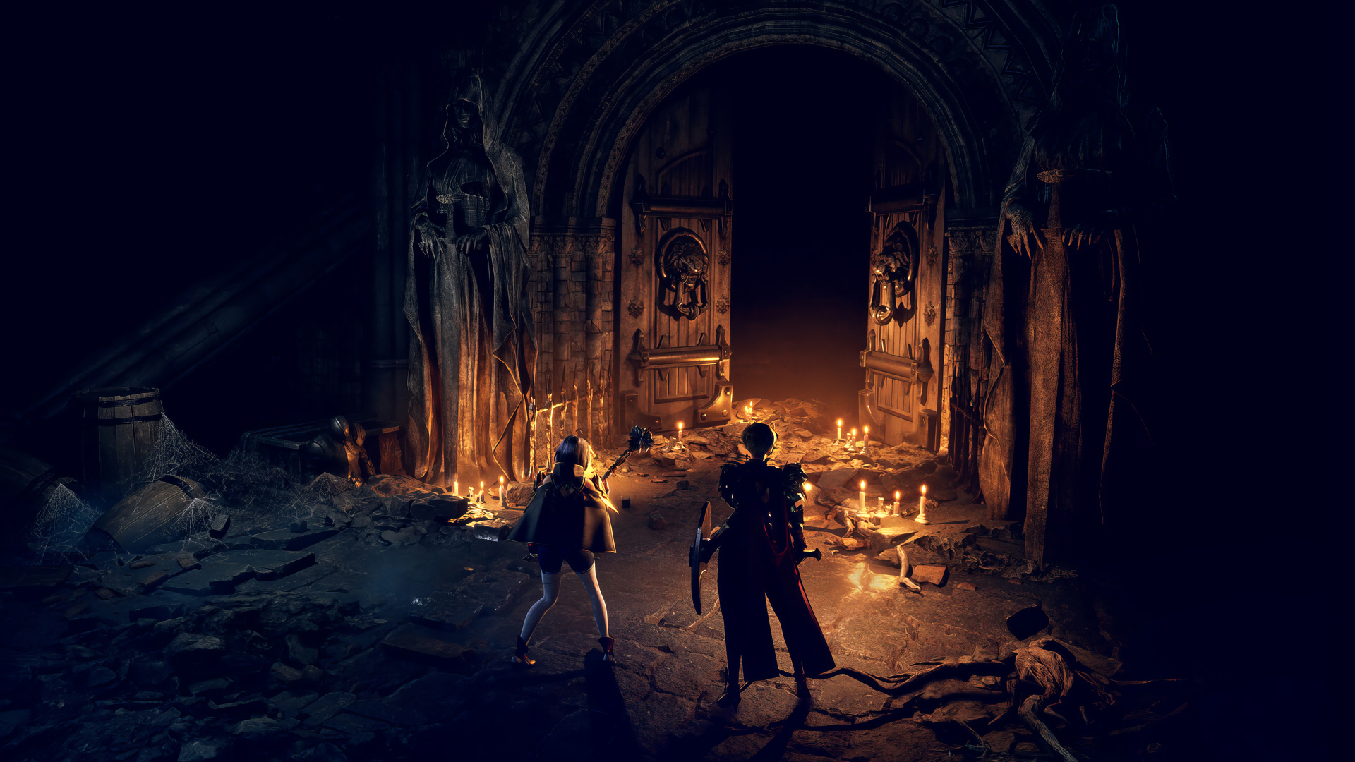 Персонажи у ворот в компьютерной игре Dungeon Stalkers, 2024