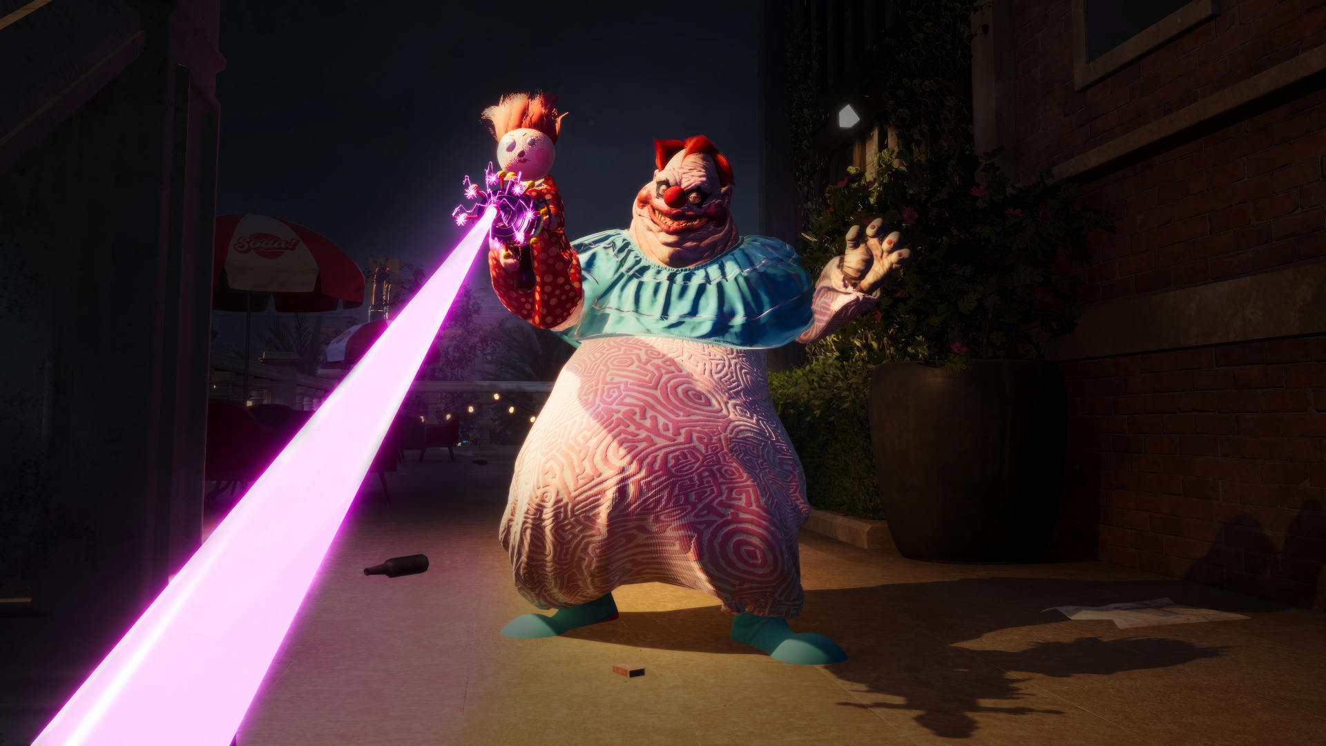 Толстый злой клоун из компьютерной игры Killer Klowns from Outer Space: The Game, 2024