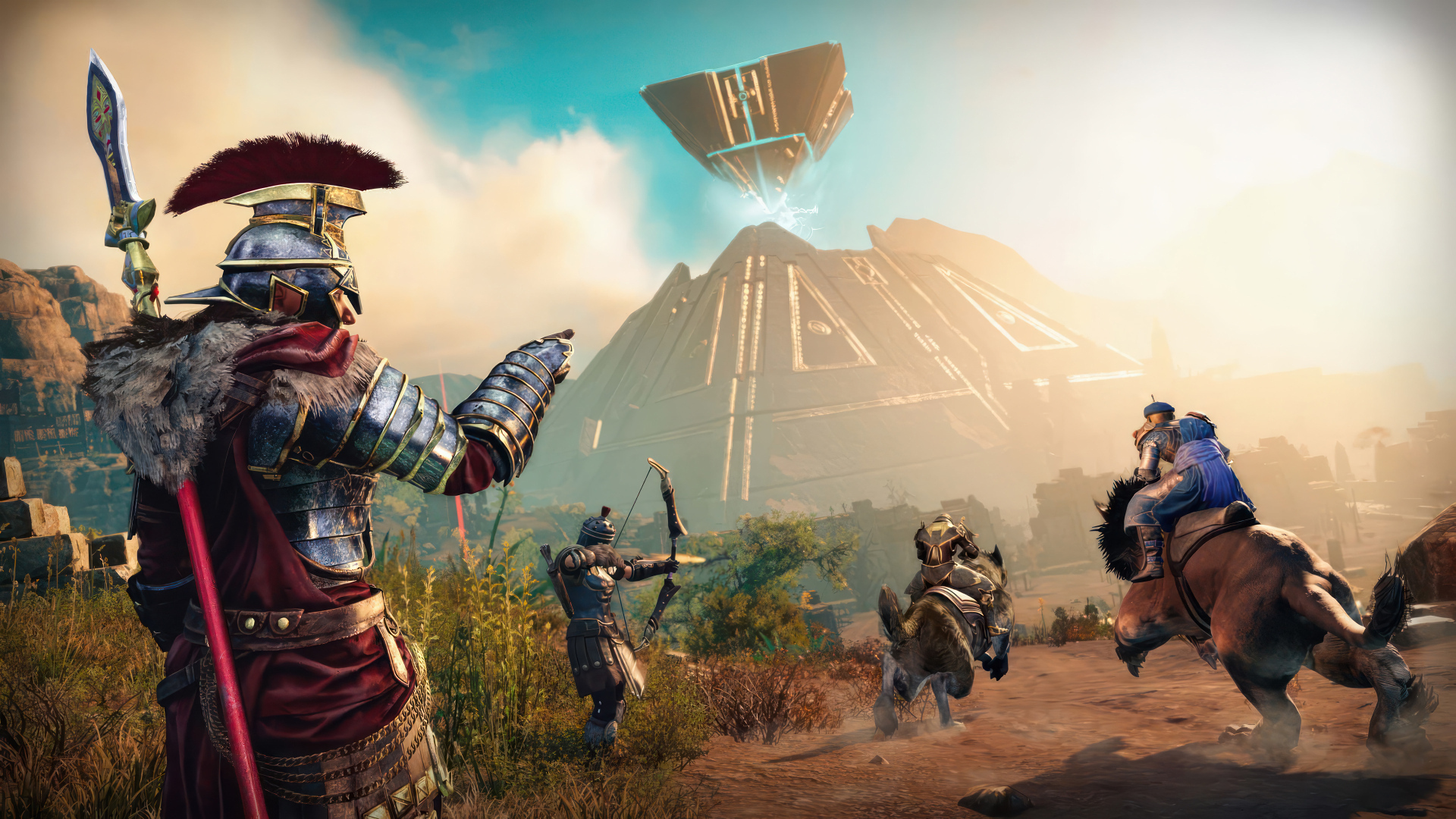 Воины у пирамиды кадр компьютерной игры New World: Aeternum, 2024