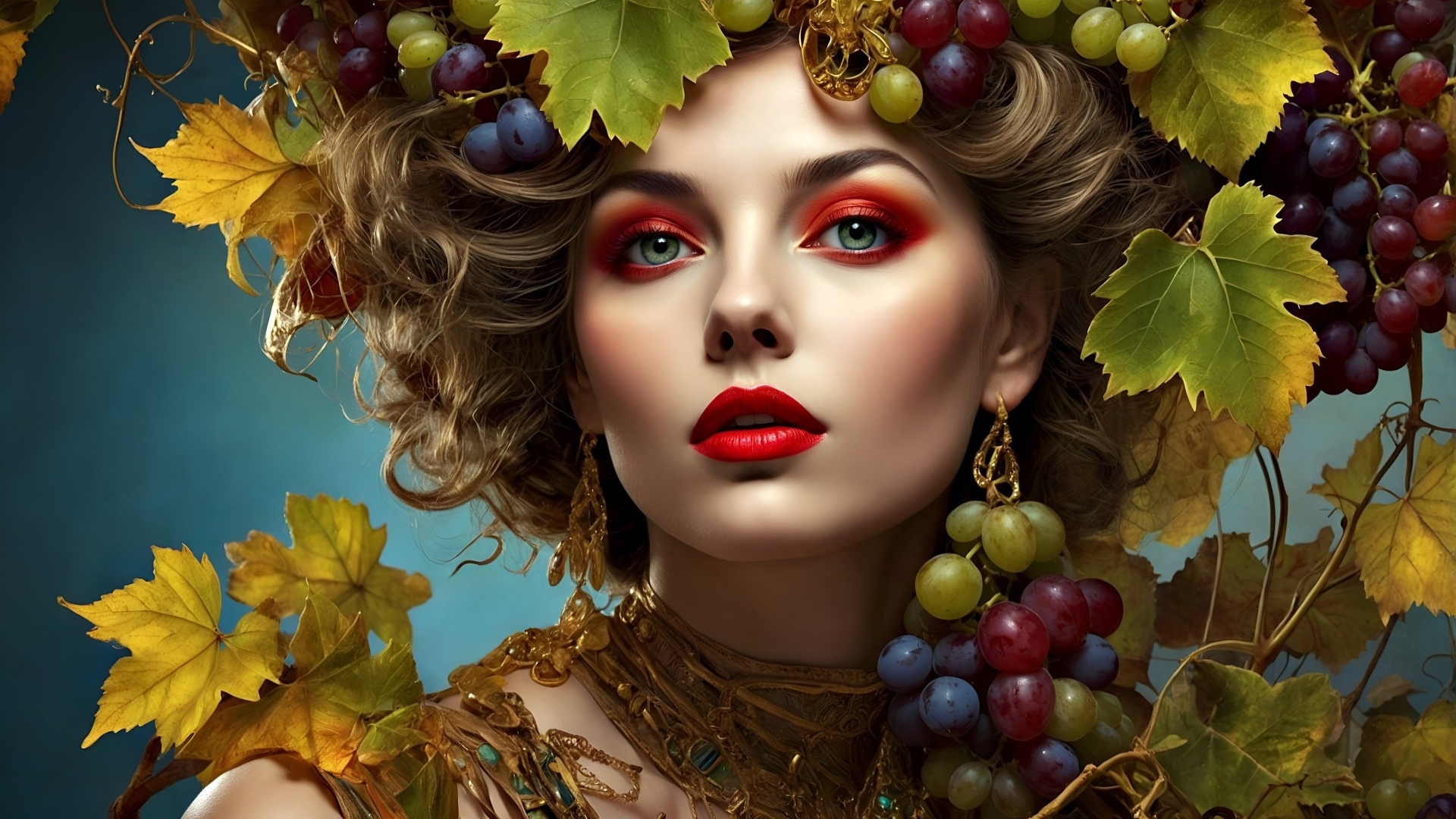 Красивая нарисованная девушка в винограде
