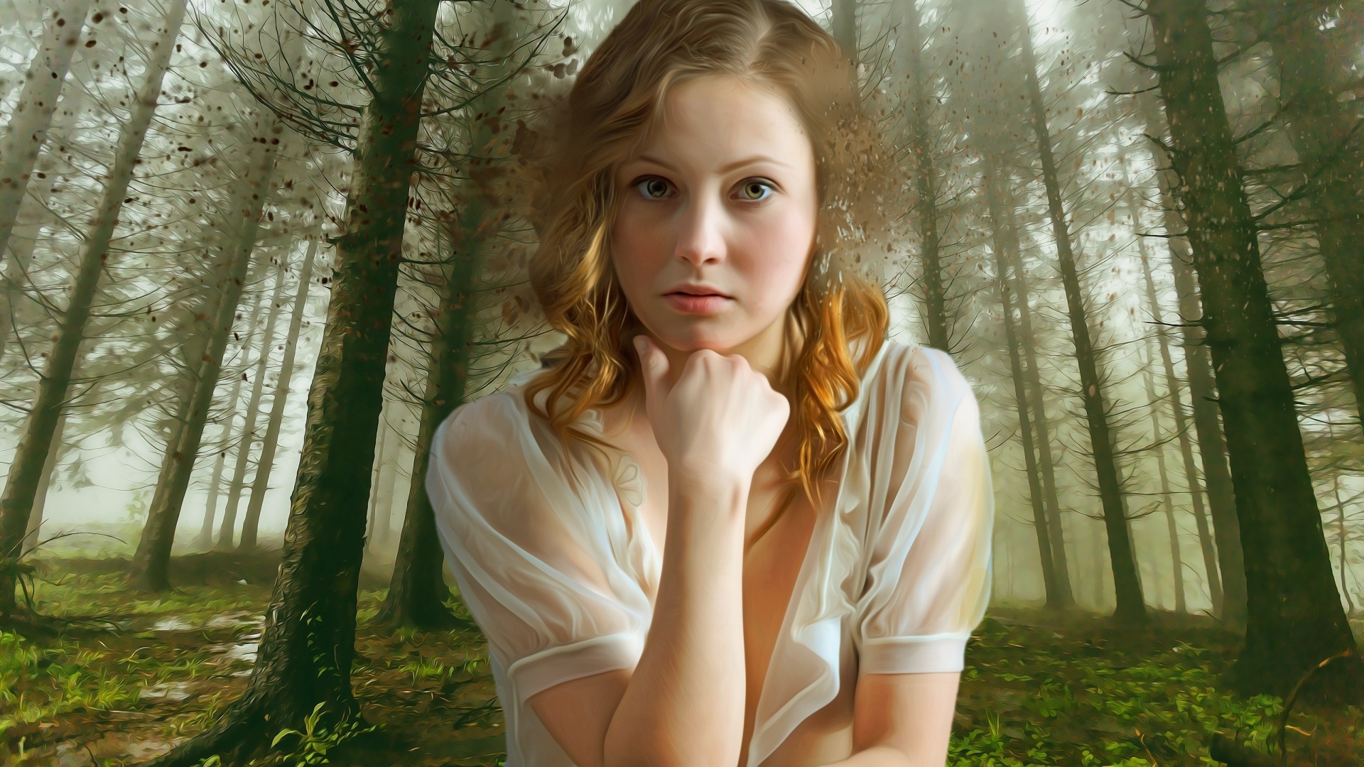 Красивая девушка на фоне нарисованного леса