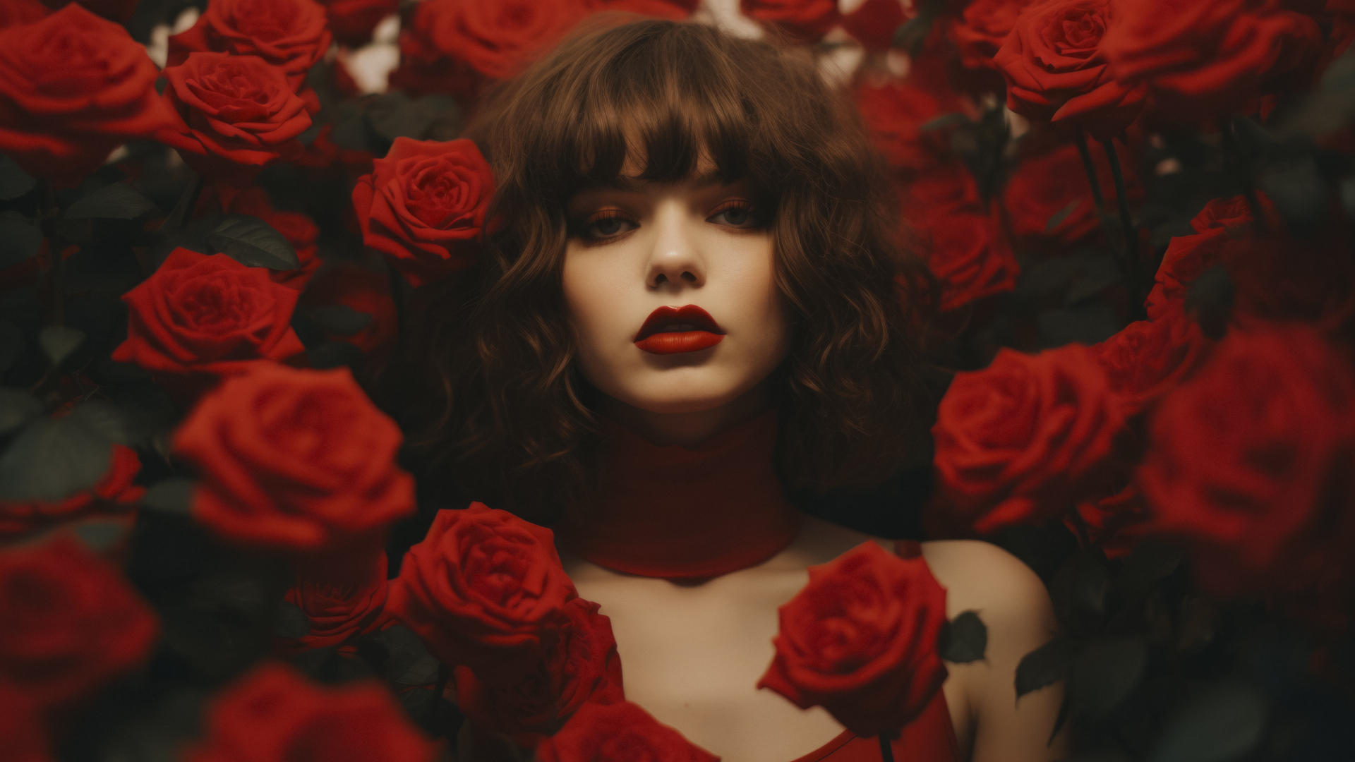 Красивая девушка в зарослях красных роз