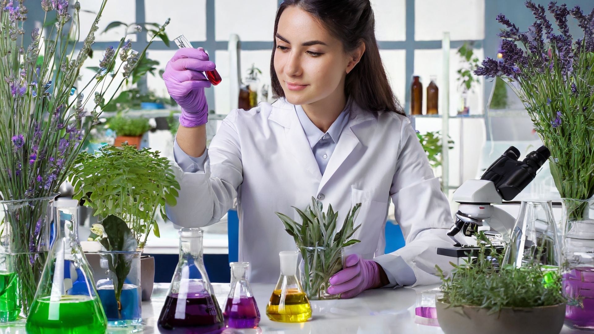 Девушка биолог в лаборатории с растениями