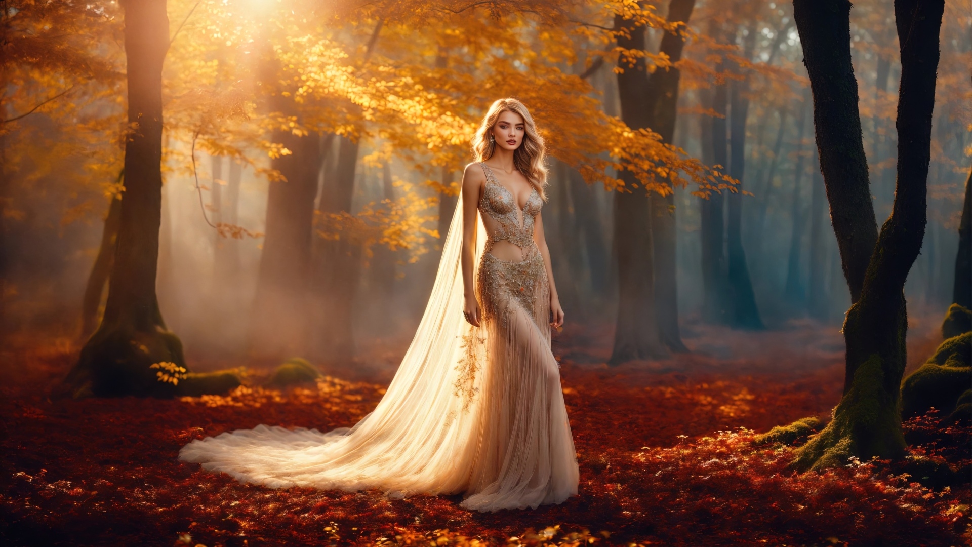 Блондинка в красивом платье в осеннем лесу