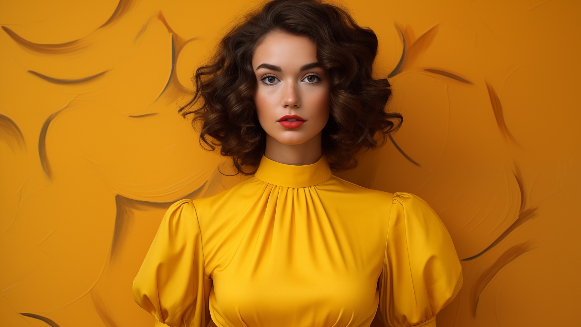 Брюнетка в желтом платье на оранжевом фоне