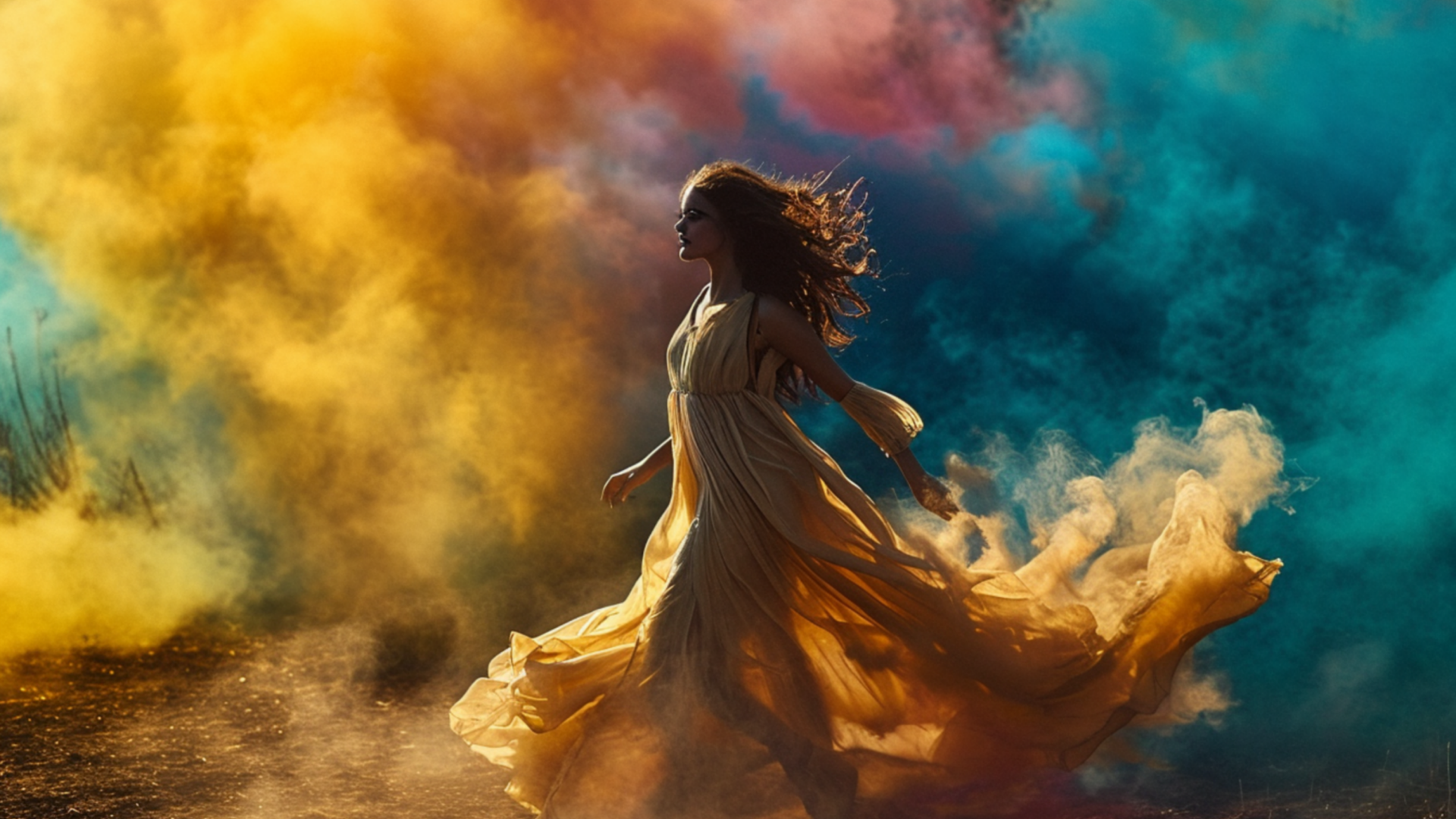 Девушка в красивом платье в разноцветном дыму