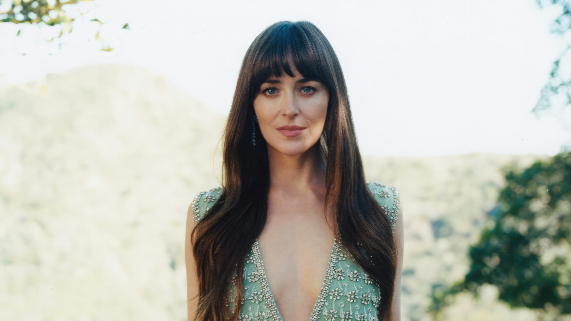 Длинноволосая шатенка актриса Дакота Джонсон крупным планом