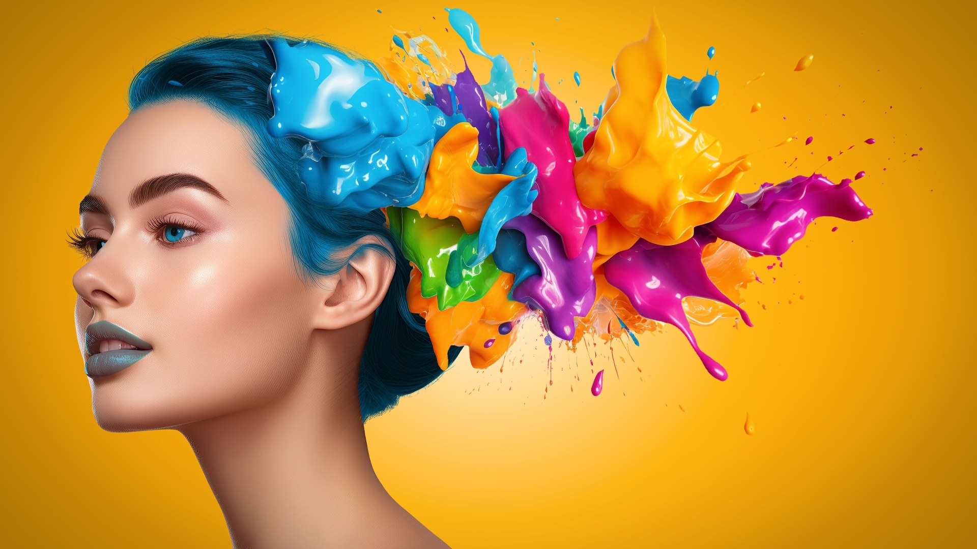 Разноцветная краска на волосах девушки на желтом фоне