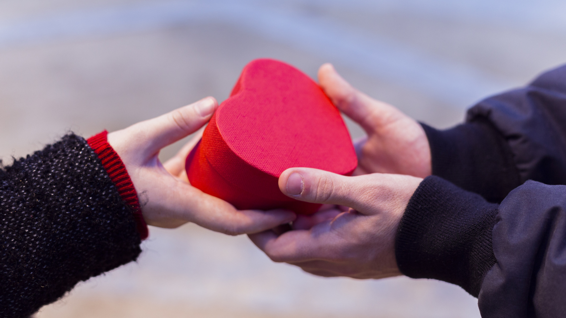 Пара держит небольшую подарочную коробку в форме сердца