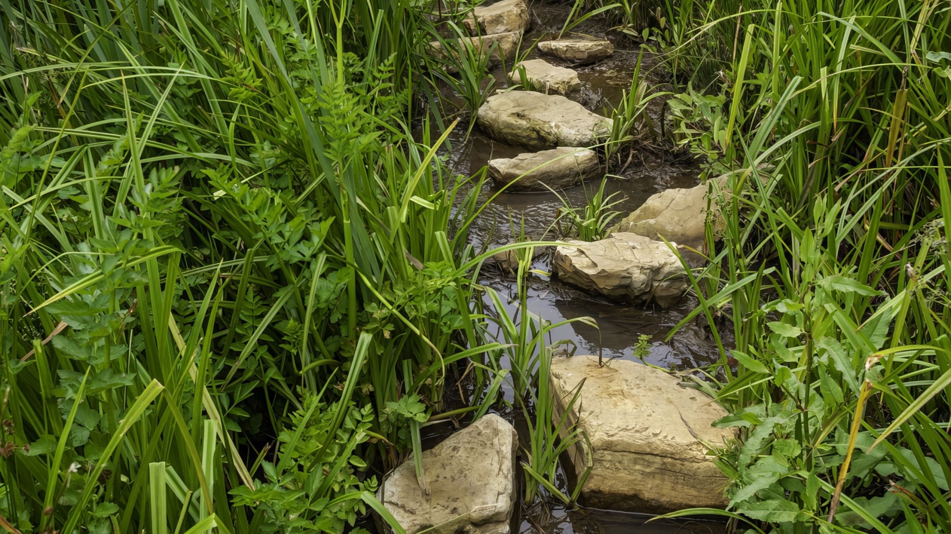 Большие камни в ручье в зеленой траве