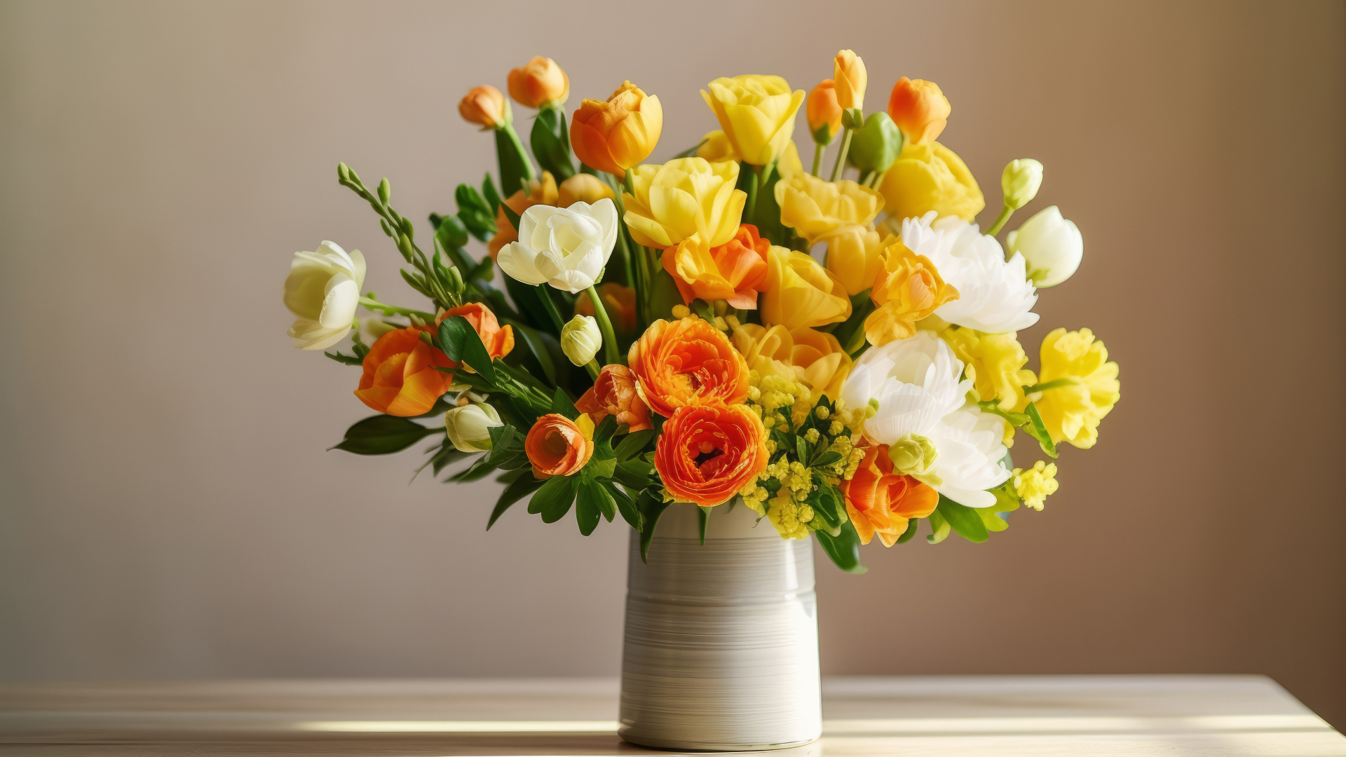 Букет красивых весенних цветов в вазе на столе