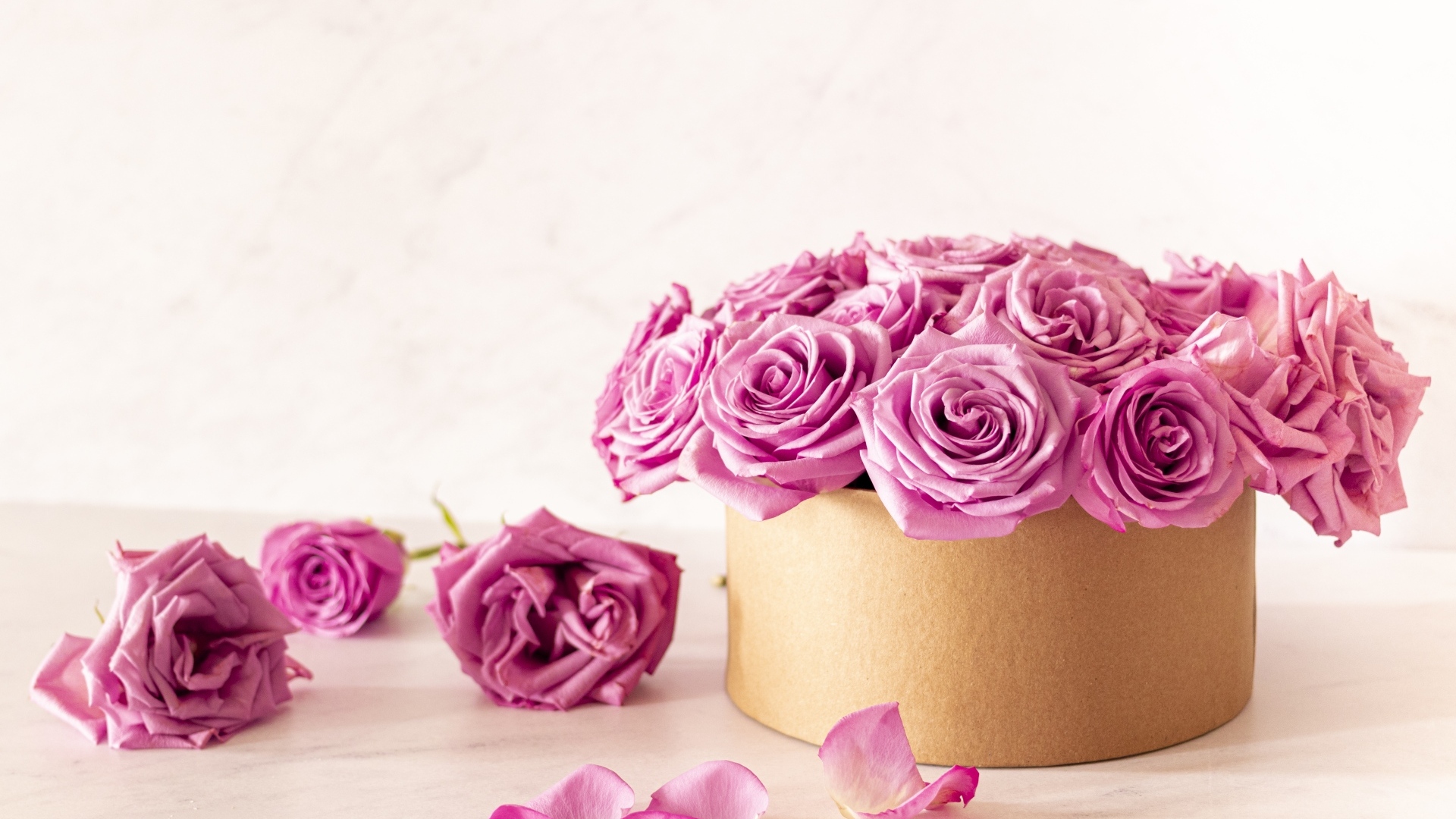 Красивые розовые розы в картонной коробке на белом фоне