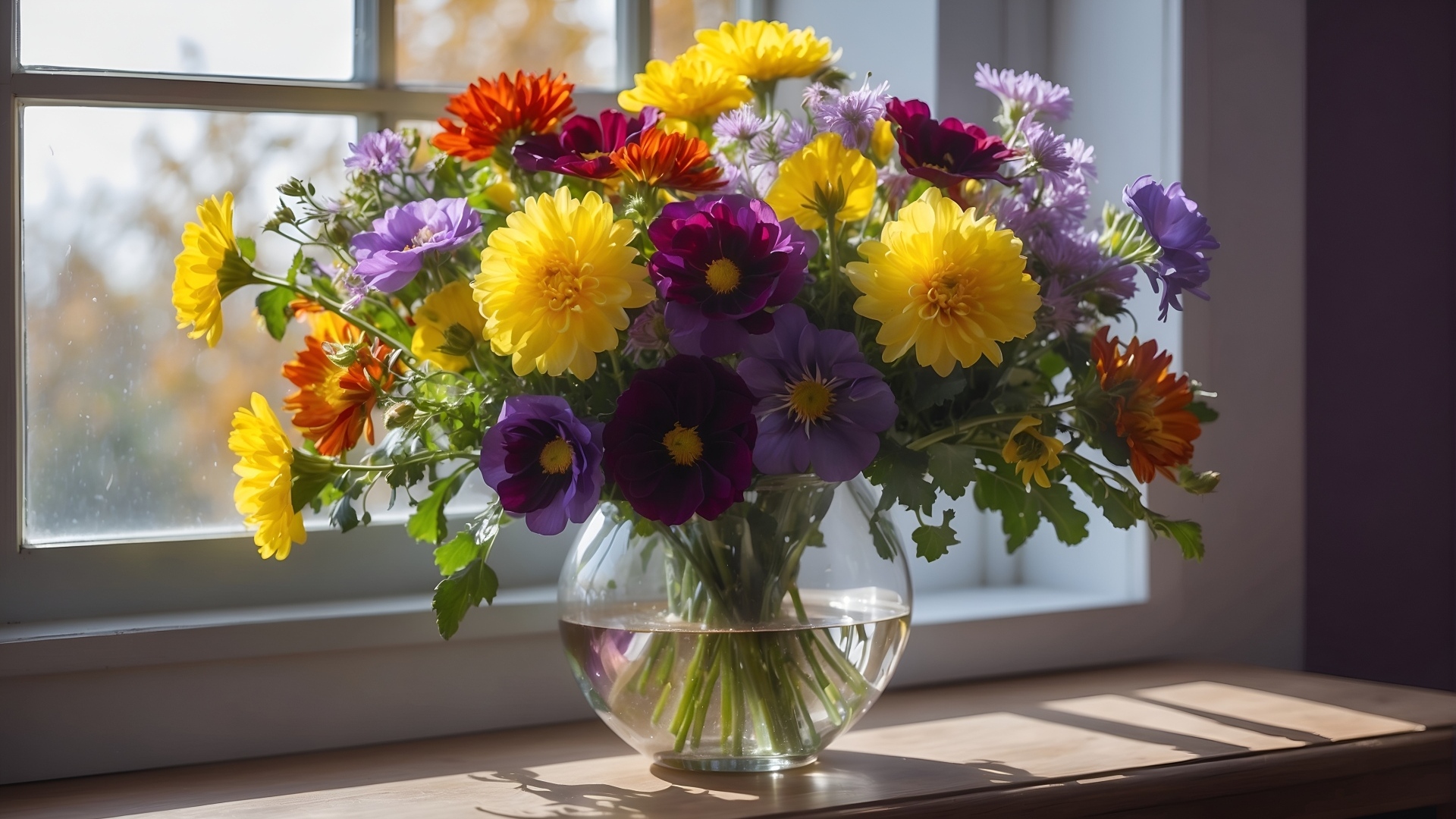 Букет разноцветных цветов в вазе на окне
