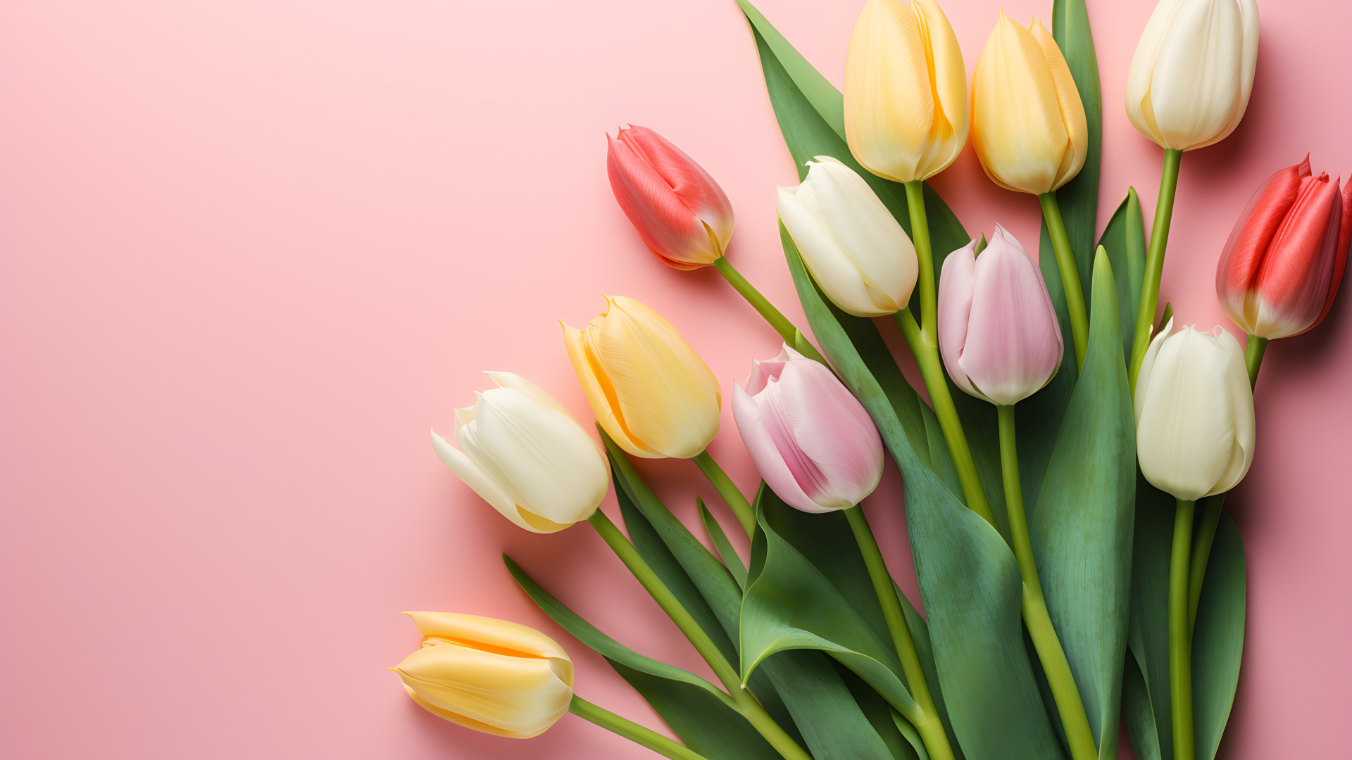 Букет нежных свежих тюльпанов на розовом фоне