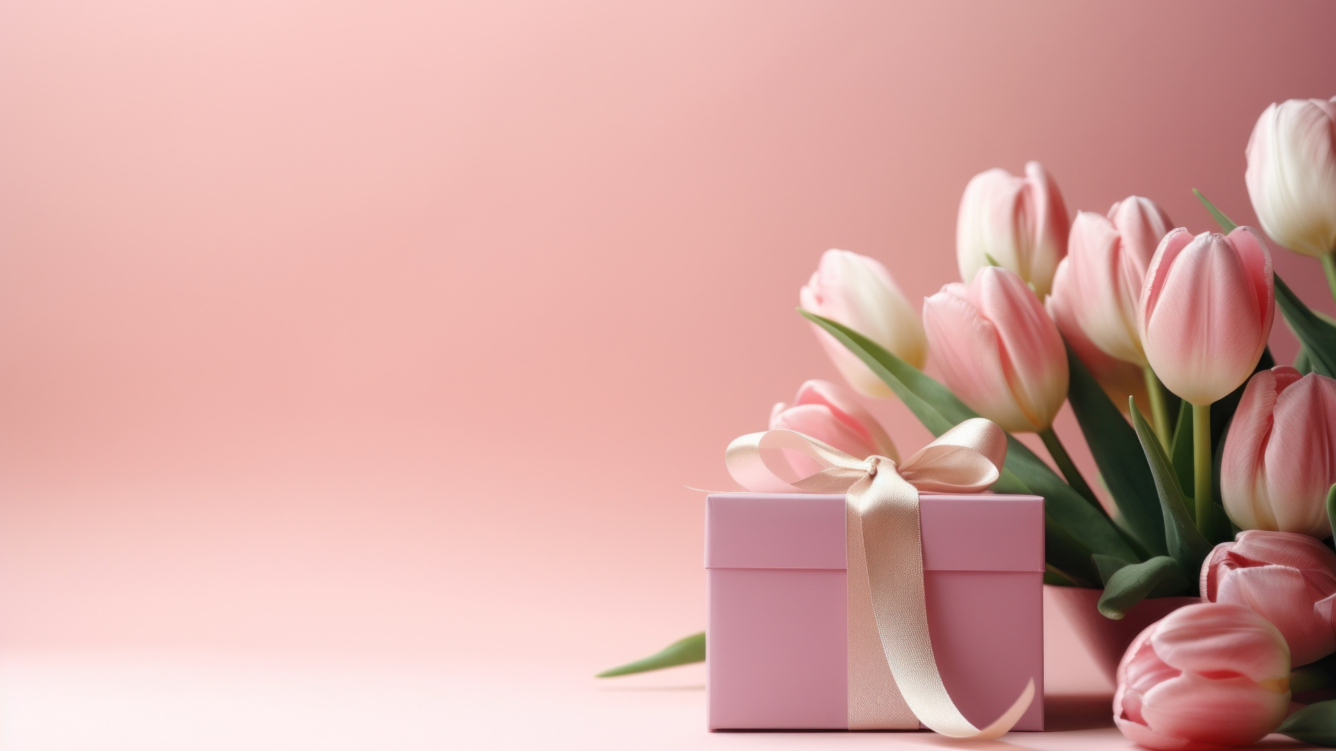 Букет тюльпанов и подарок на розовом фоне