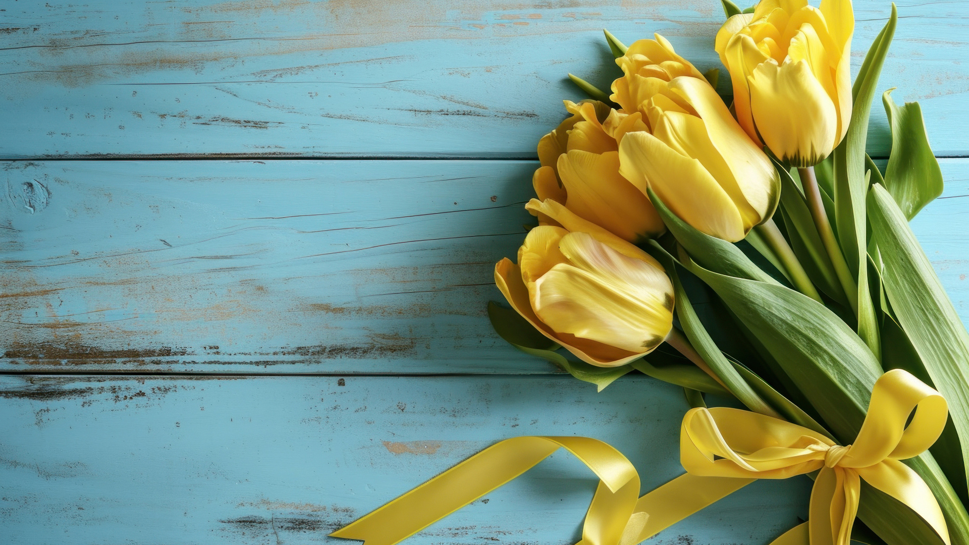 Букет желтых тюльпанов с лентой на голубом столе