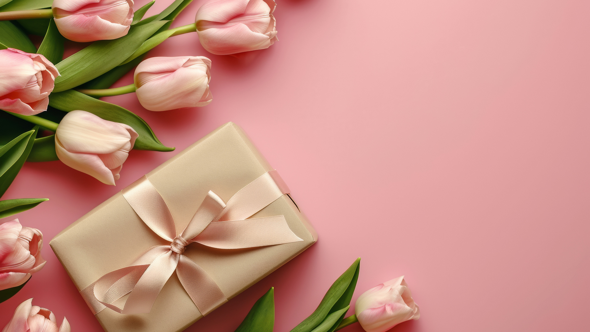 Gift with tulips for a loved one on a pink background