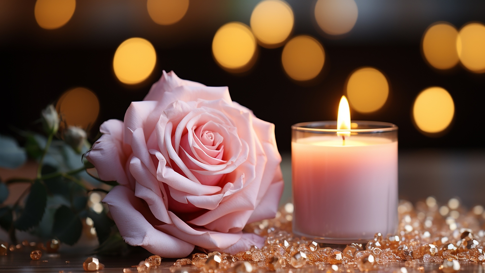 Розовая роза с зажженной свечой и камнями