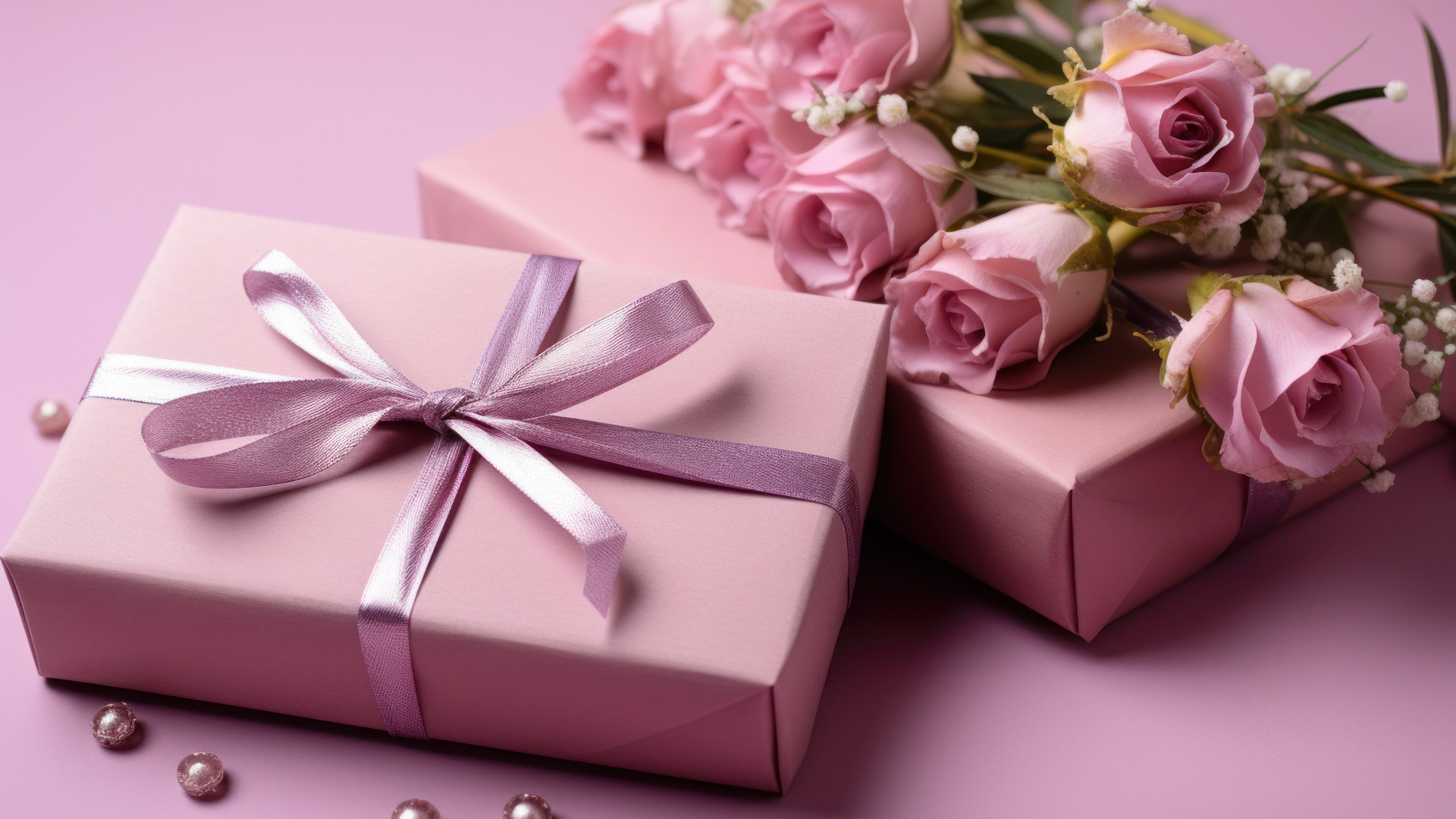 Розовые розы с подарками на столе