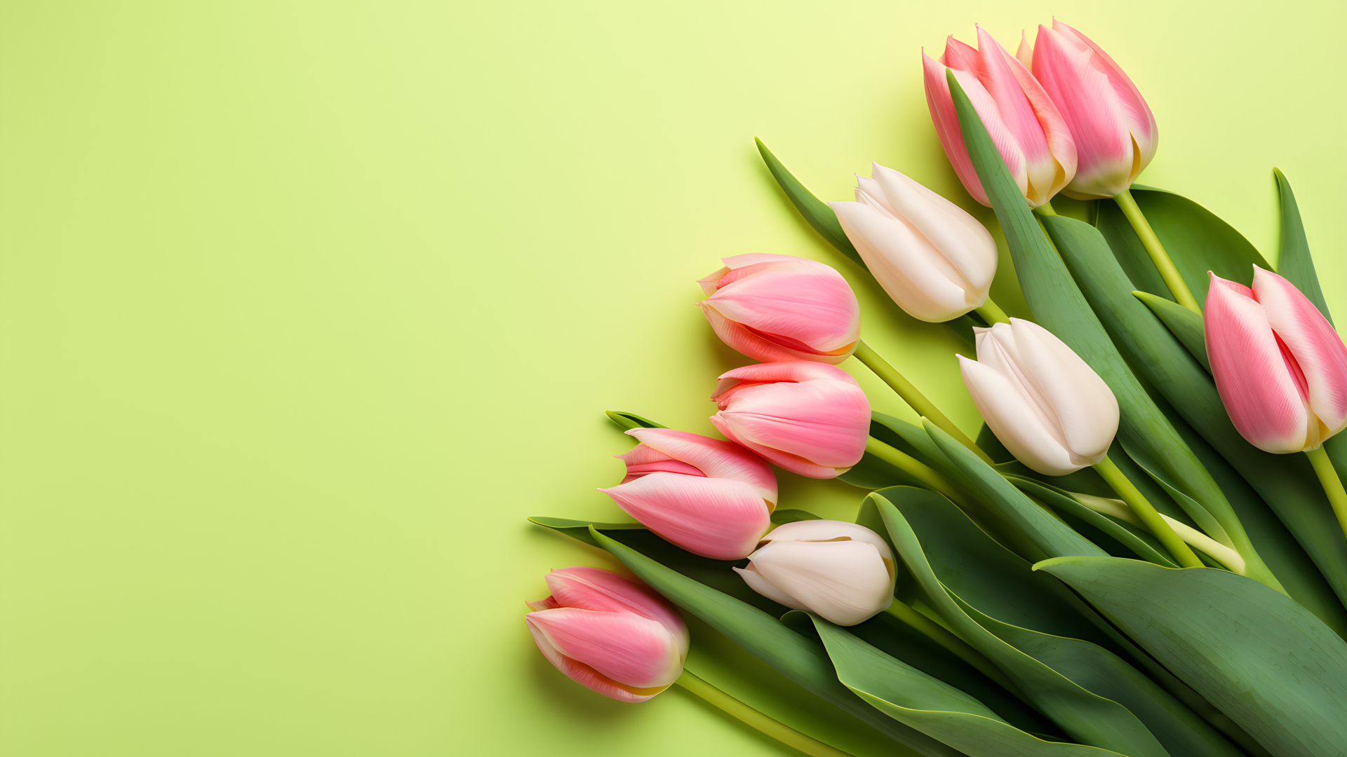 Розовые тюльпаны на зеленом фоне, шаблон 