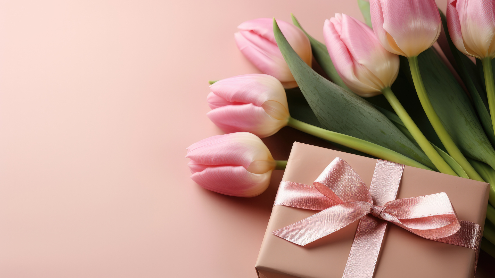 Розовые тюльпаны с подарком на столе