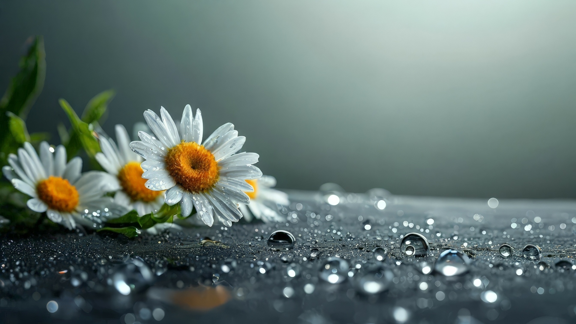 Несколько ромашек лежат на поверхности, покрытой каплями воды