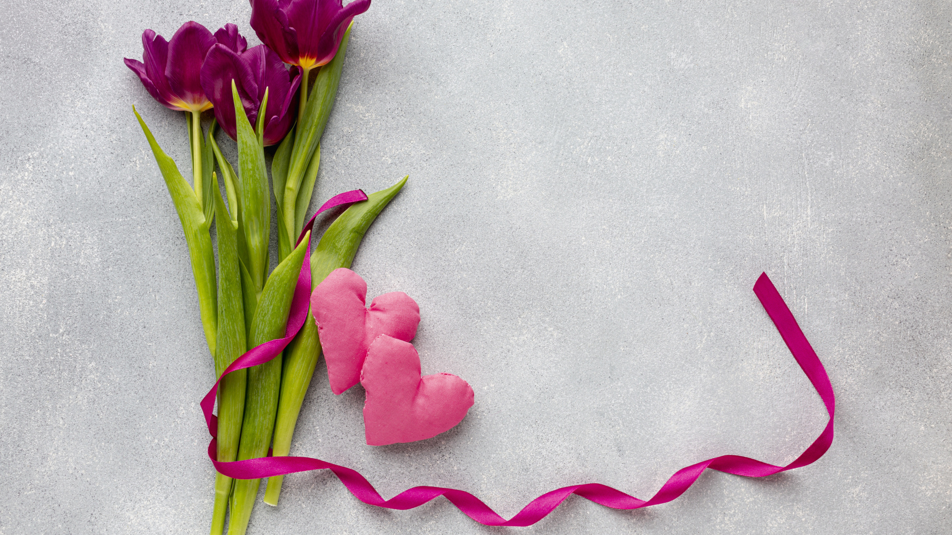 Три тюльпана, сердечко и лента на сером фоне