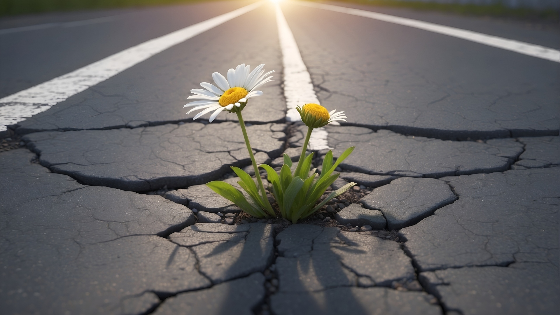 Белые цветы ромашки пробиваются на асфальте