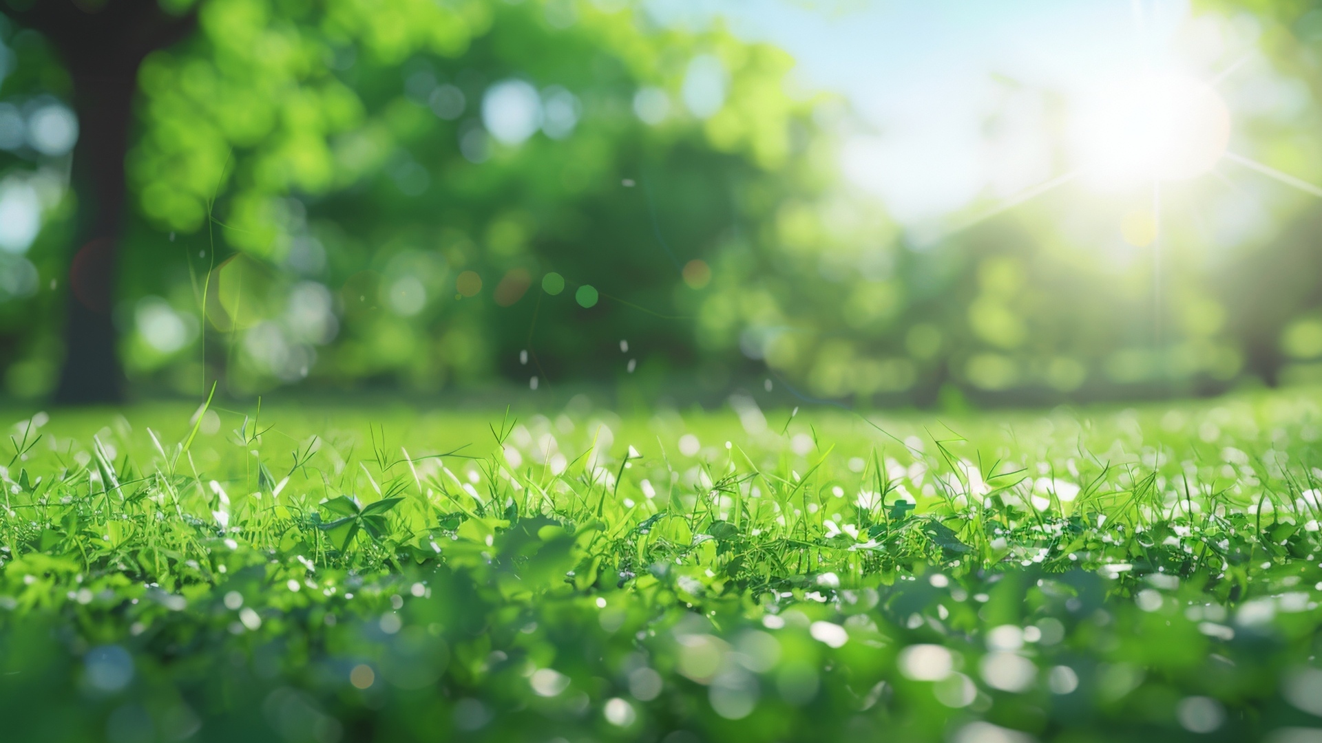 Зеленая молодая трава в лучах солнца летом