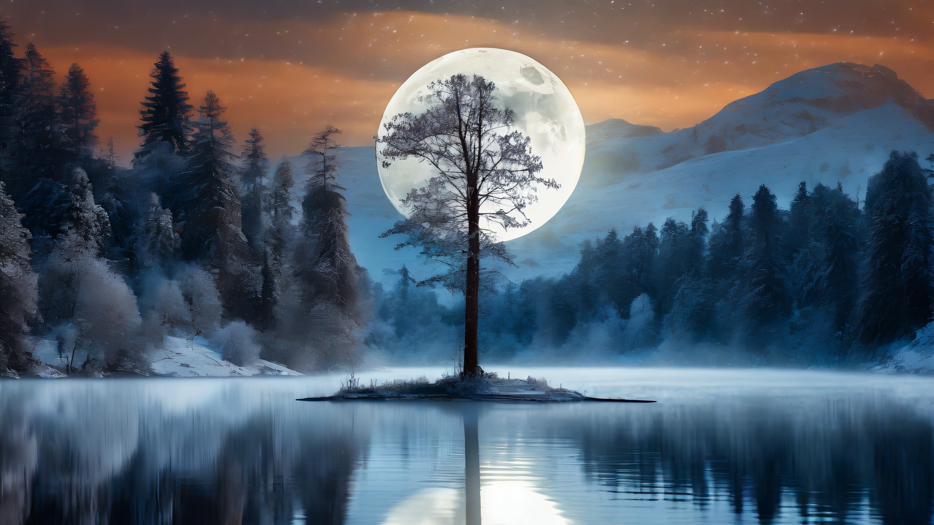 Большая белая луна за одиноким деревом у озера в горах
