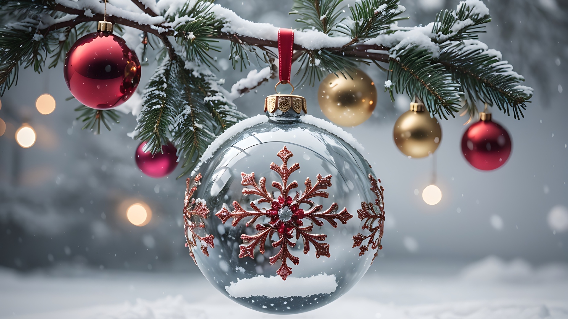 Красивый стеклянный шар со снежинкой на елке