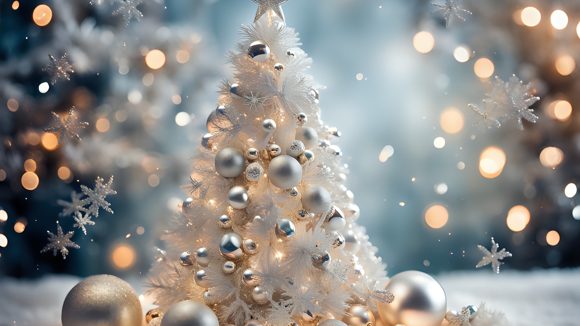 Красивая белая елка с шариками