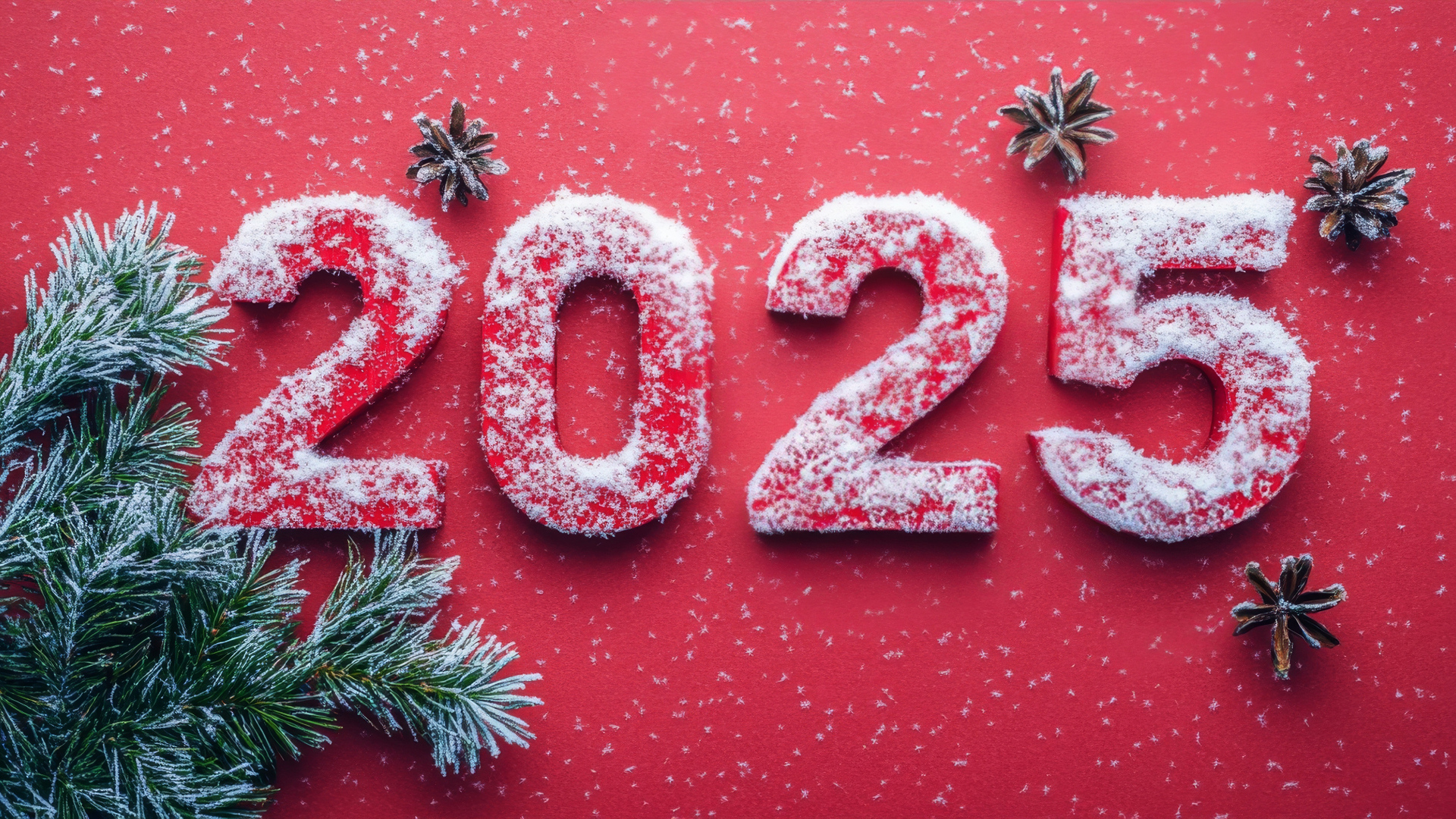 Цифры 2025 в снегу на красном фоне на новый год