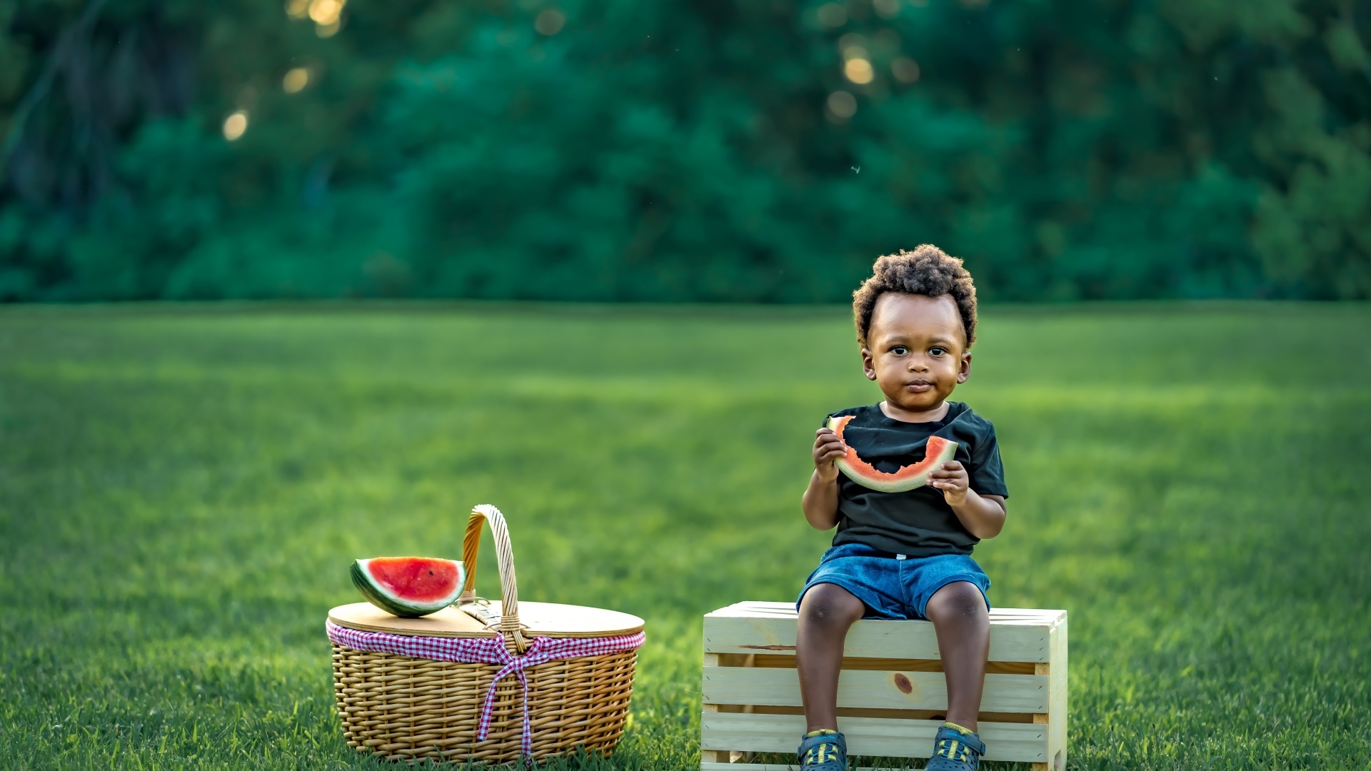 Темнокожий мальчик ест арбуз на природе