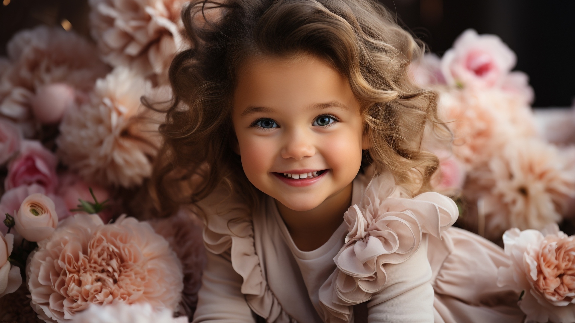 Маленькая улыбающаяся девочка в розовых цветах пиона