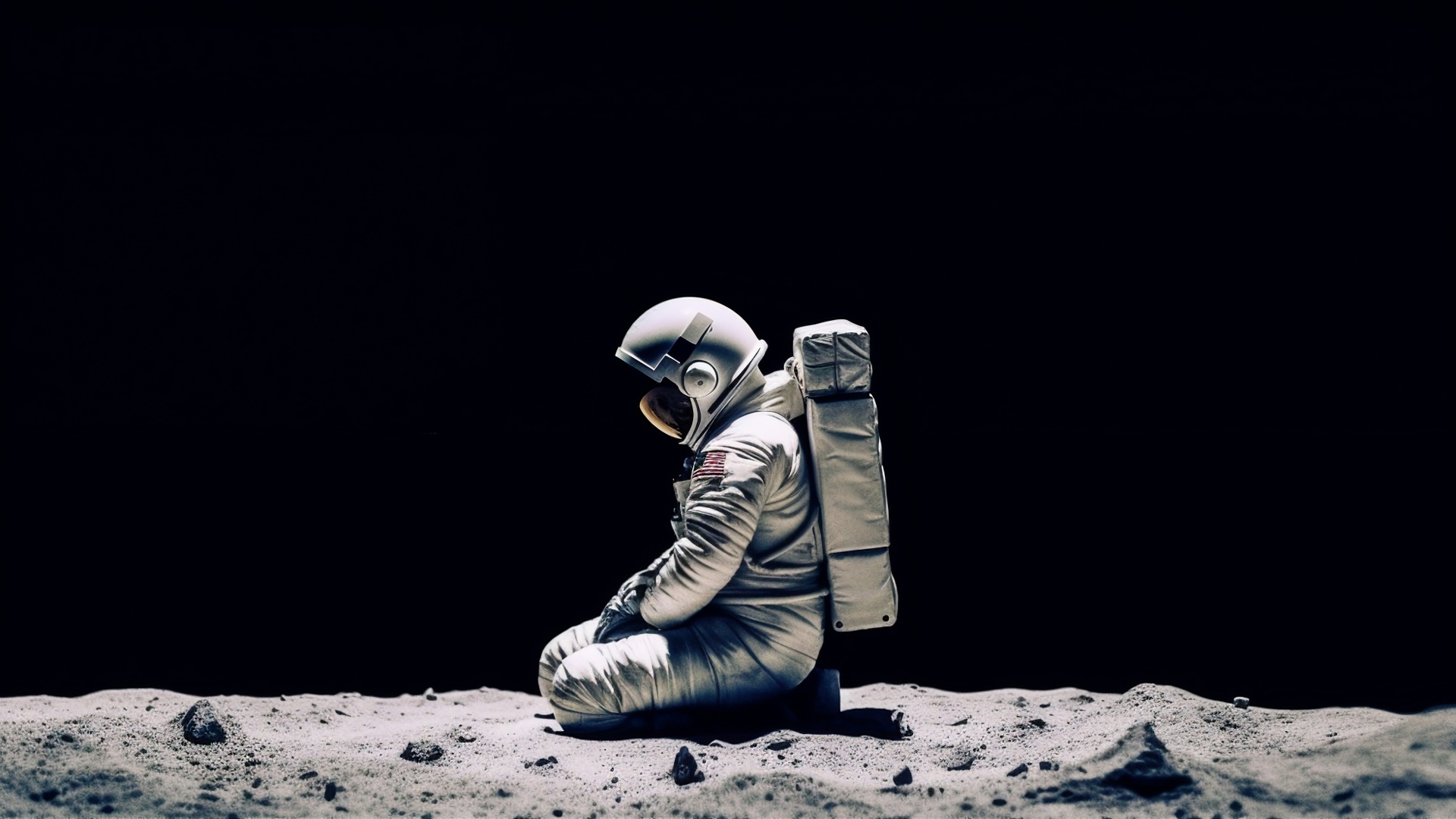 Космонавт сидит на поверхности планеты на черном фоне