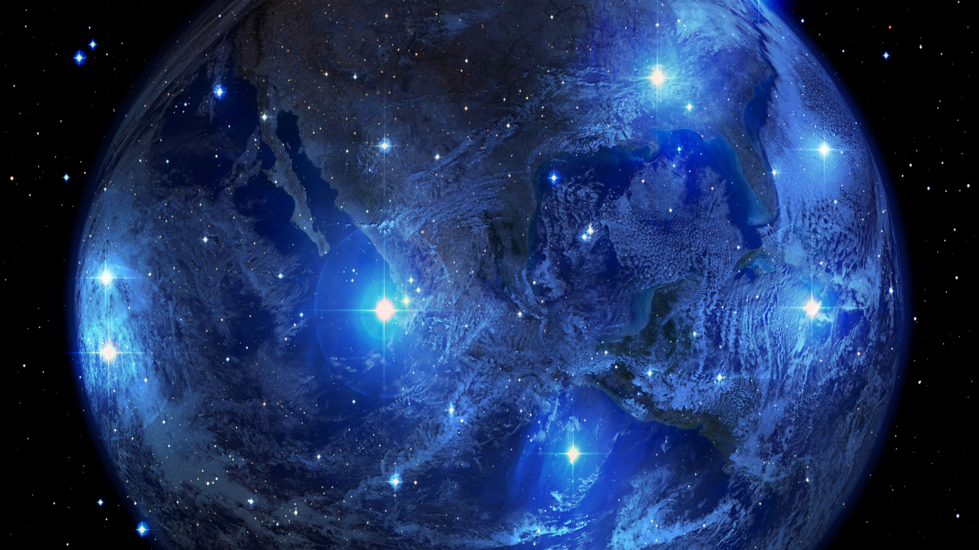Яркие вспышки на планете Земля в голубом космосе