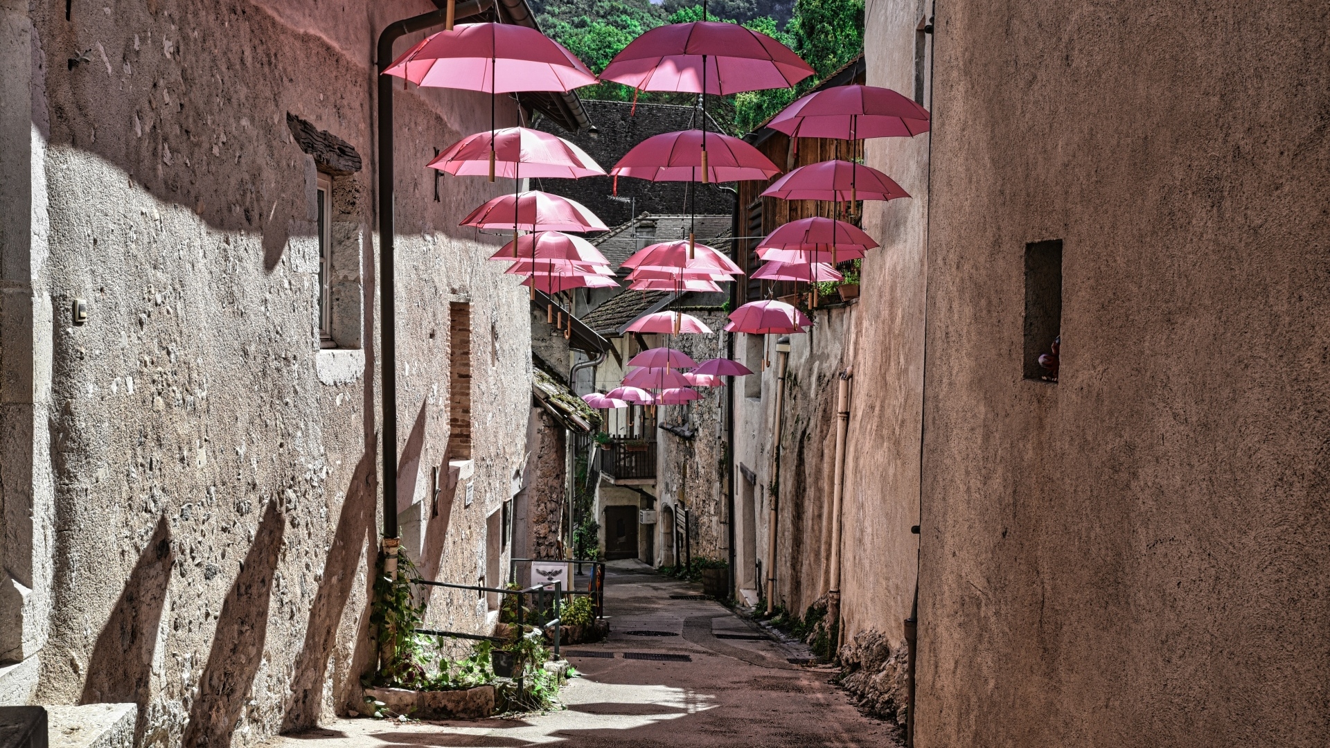 Розовые зонтики украшают узкую улицу