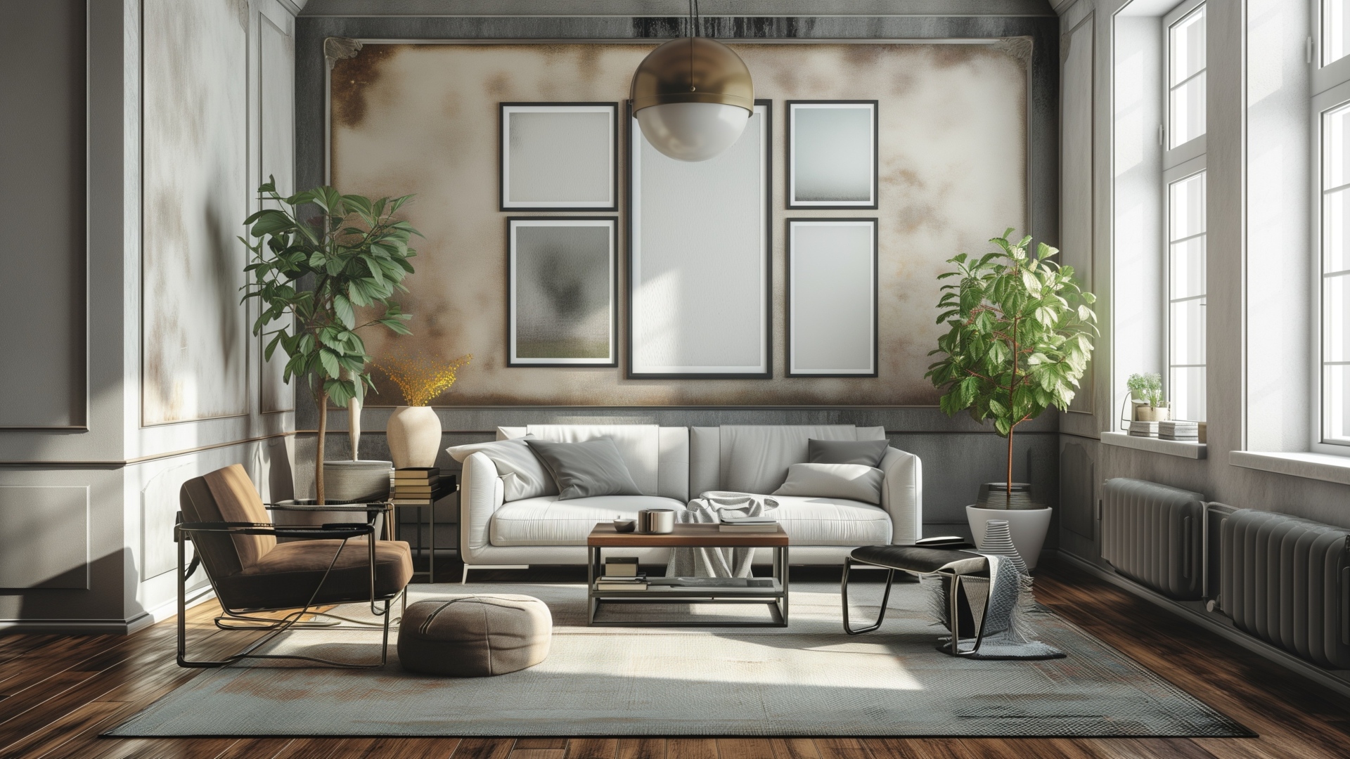 Большой серый диван в комнате с картиной на стене