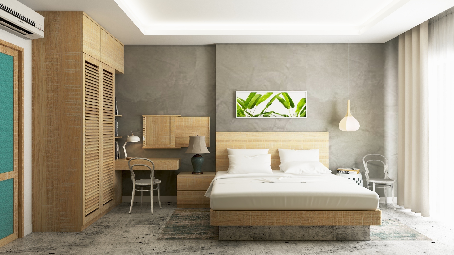 Деревянная мебель в комнате с серыми стенами