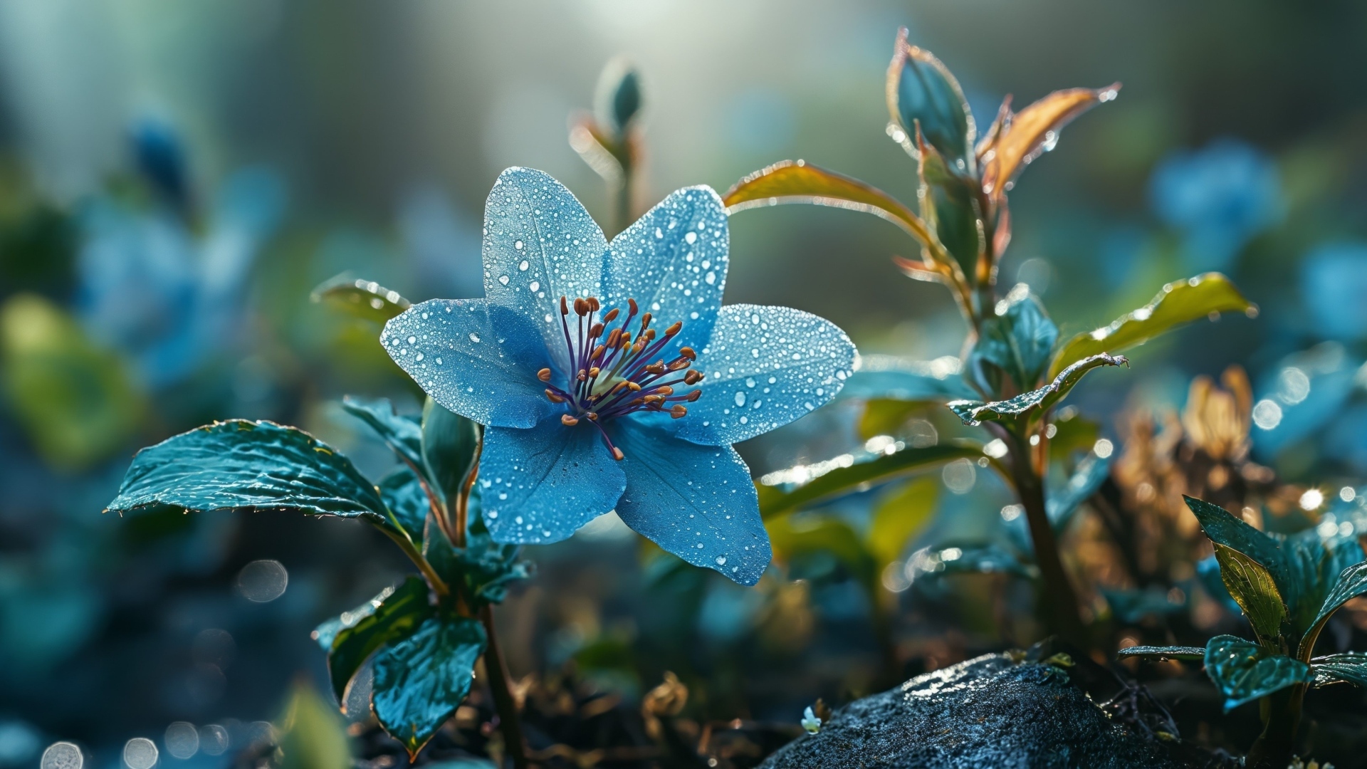 Синий цветок с бутонами в каплях росы