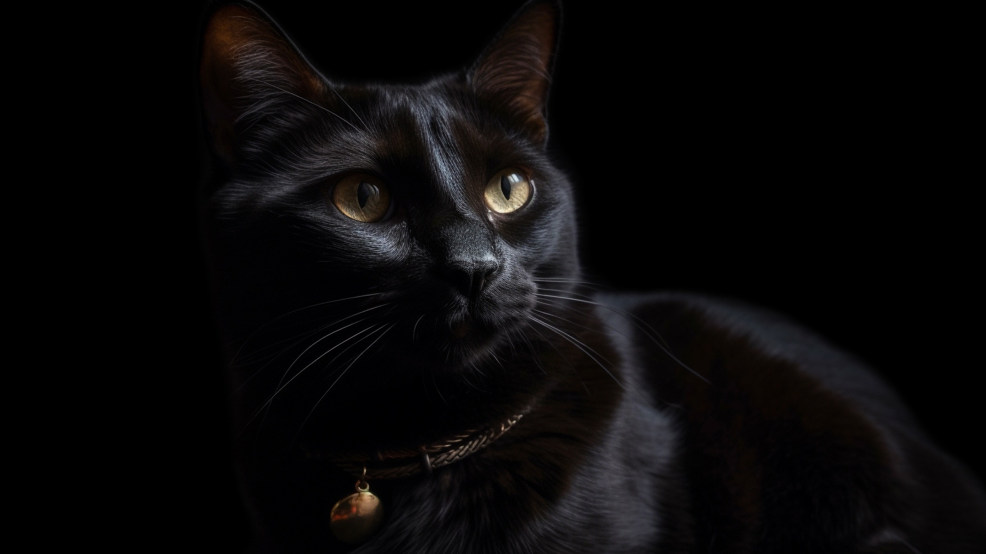 Красивый черный домашний кот с ошейником